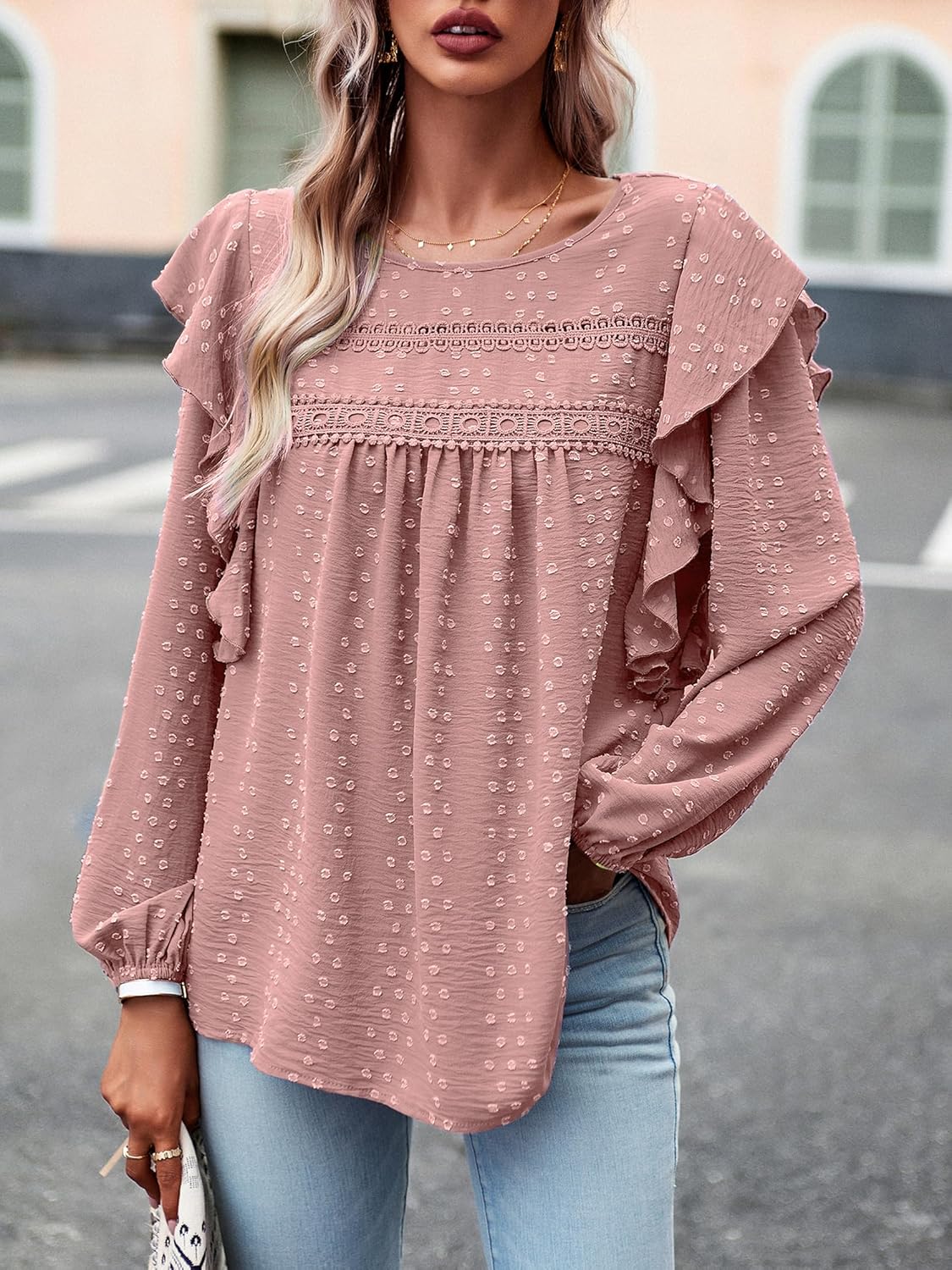 Women's Casual Tops Crewneck Lace Crochet Flowy Ruffle Shoulder Long Sleeve Blouses Shirts - Image 2
