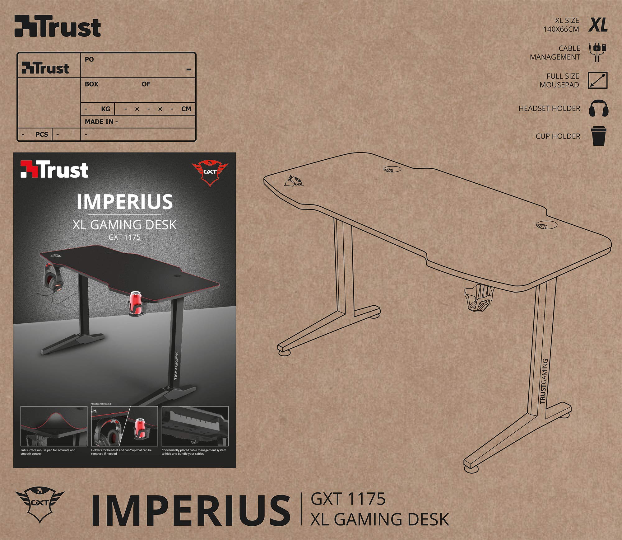 Trust Gaming Desk 140 x 66 cm GXT 1175 Imperius XL Gaming Table with