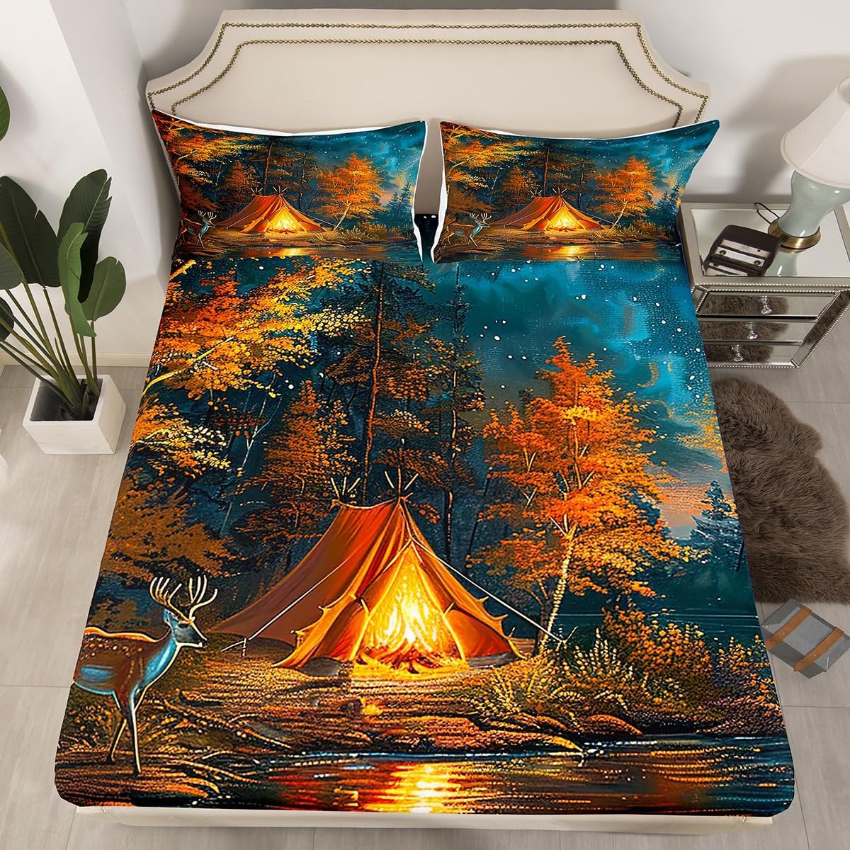 Happy Camper Mattress Cover Queen Size,Campfire Tent Jungle Trees Galaxy Fitted Sheet with 2 Pillowcases,Rustic Deer Hunt Cabin Decor Polyester Mattress Protector for Kids,(No Top Sheet)