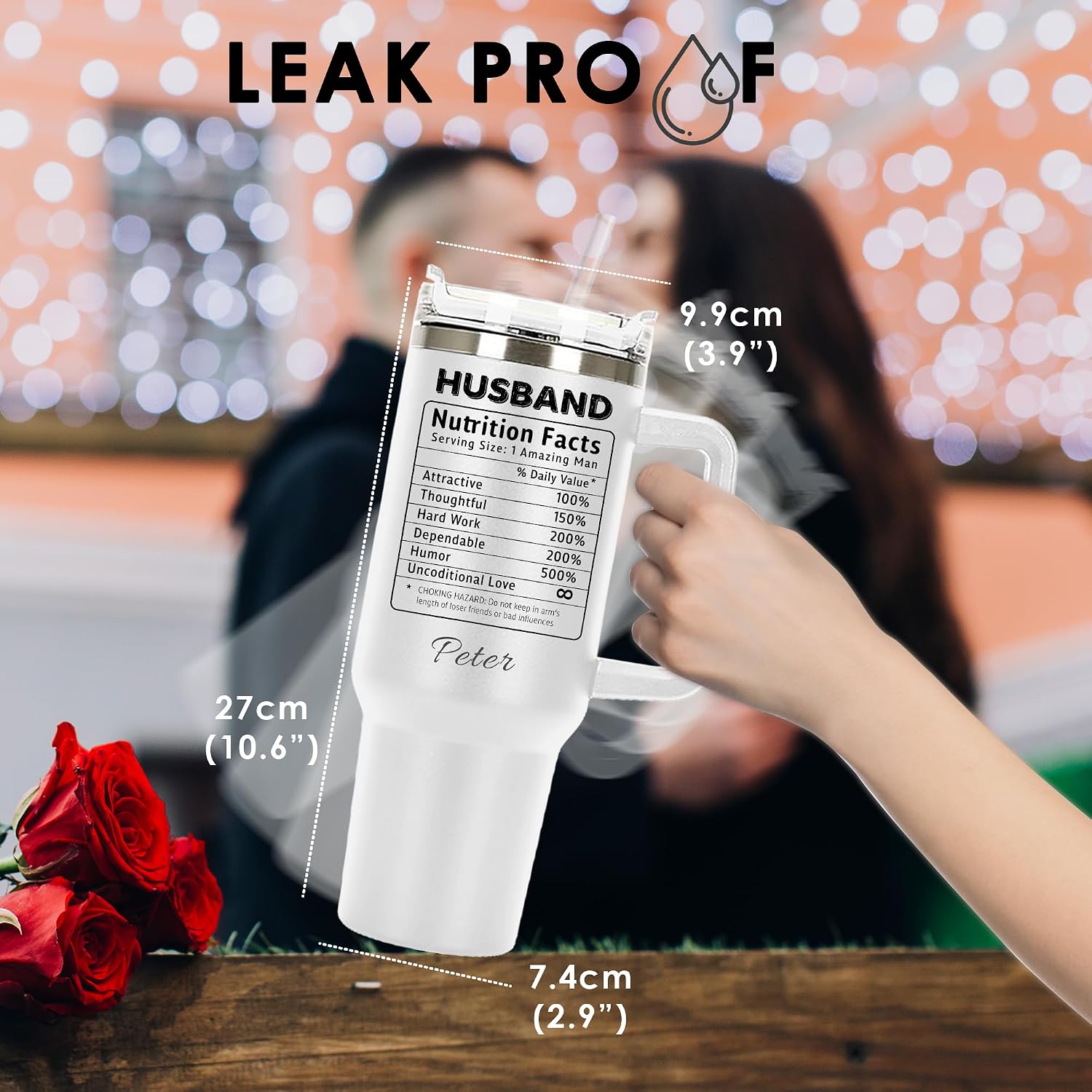Hubby Nutrition Facts Personalized Tumbler 40 oz Laser Engraved, Insulated Cup with Handle, Lid and Straw, Valentines Day, Birthday Coffee Mug Gifts For Men,Him,Romantic Husband Custom tumbler Gift