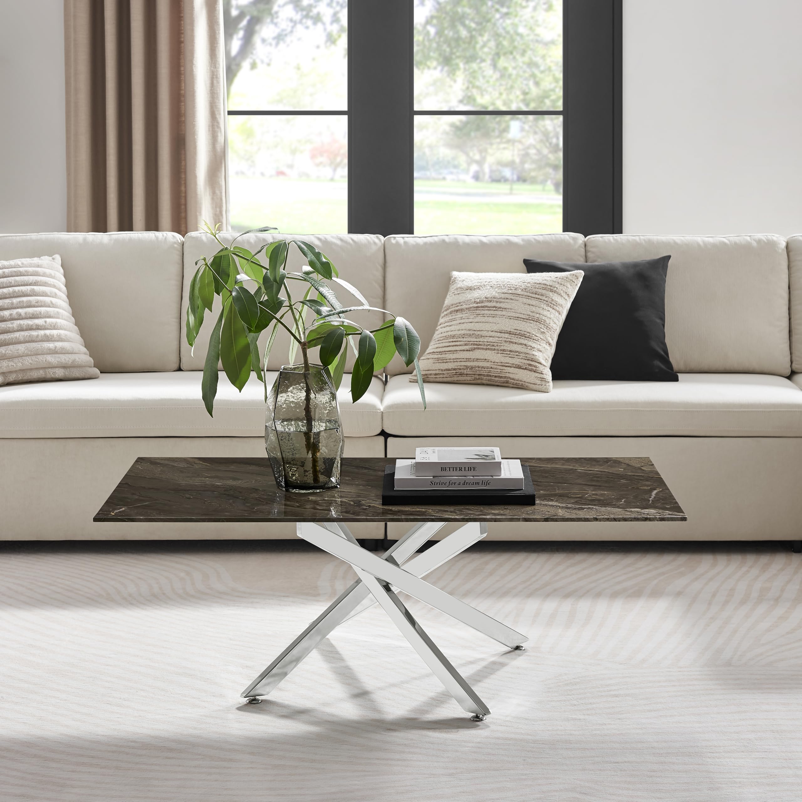 Furniturebox UK Leonardo Glass Dark Marble Effect Coffee Table - Shiny Silver Chrome Legs In Stylish Nested Starburst Design - Modern Living Room Furniture for Contemporary Homes
