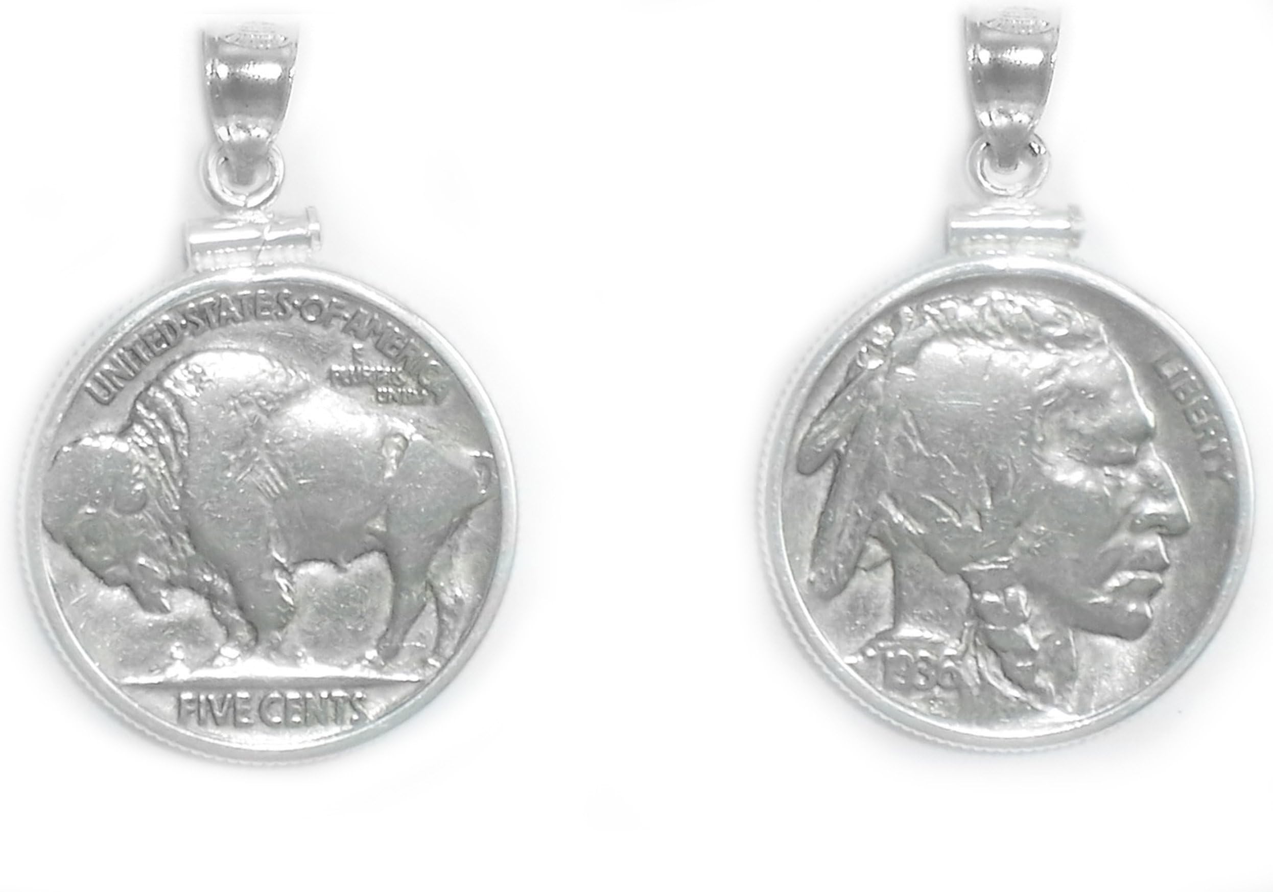 Flintski JewelryBuffalo Indian Head Nickel Sterling Silver Coin Edge Coin Pendant With Coin