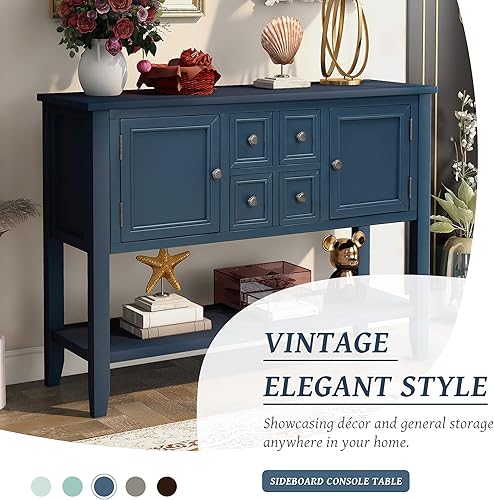 Miniatura 25 de Mesa consola con 2 armarios y 4 cajones, aparador de buffet de 46 pulgadas con estante inferior, mesa consola retro para cocina, pasillos, sala de