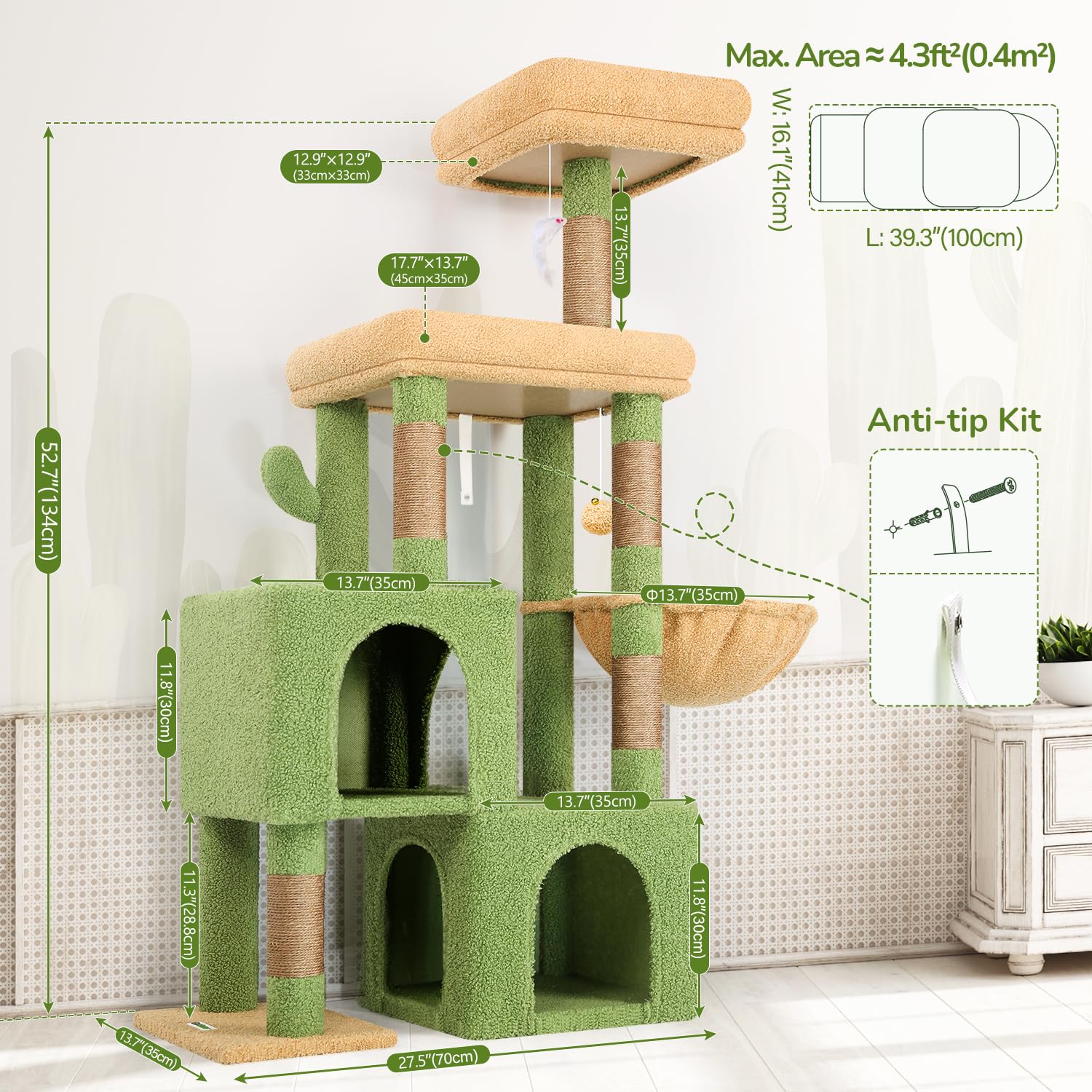 Globlazer Rascador para Gatos Cactus Verde con 2 Nidos, Plataformas Acolchada, Zitstang, Cesta, Peluche Juguete, Árbol Rascador Estable Alto 134 cm para Gatito Gato Viejo (S52, Verde)