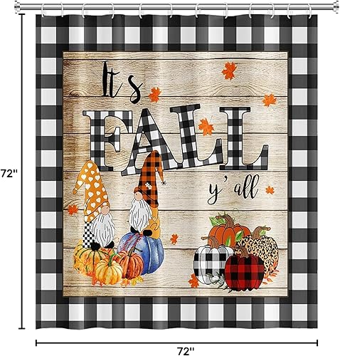 Vista 78 de Yeele Cortinas de ducha de otoño de Acción de Gracias, bonita cortina de ducha de gnomo y calabaza para baño, borde de rejilla blanca y negra