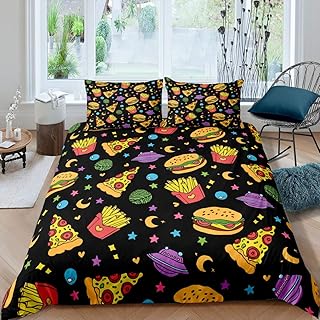 Fast Food Duvet Cover Set for Kids Boys Girls Hamburg Pizza French Fries Comforter Cover Colorful Stars Bedding Set Delicious Food Quilt Cover,Room Decor 2Pcs Bedding Twin Size