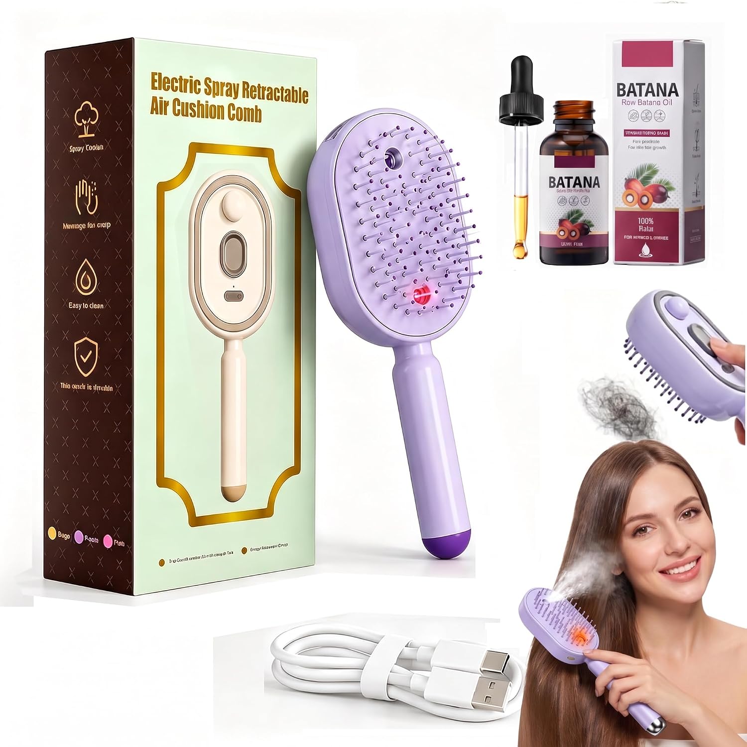 Electric Spray Air Cushion Massage Comb, Steam Brush for Dry Frizzy Damaged Hair with Water Spray Misting, Detangling, Rechargeable|Self-Cleaning Hair Brush for Women with Gloss Enhancing Batana Oil