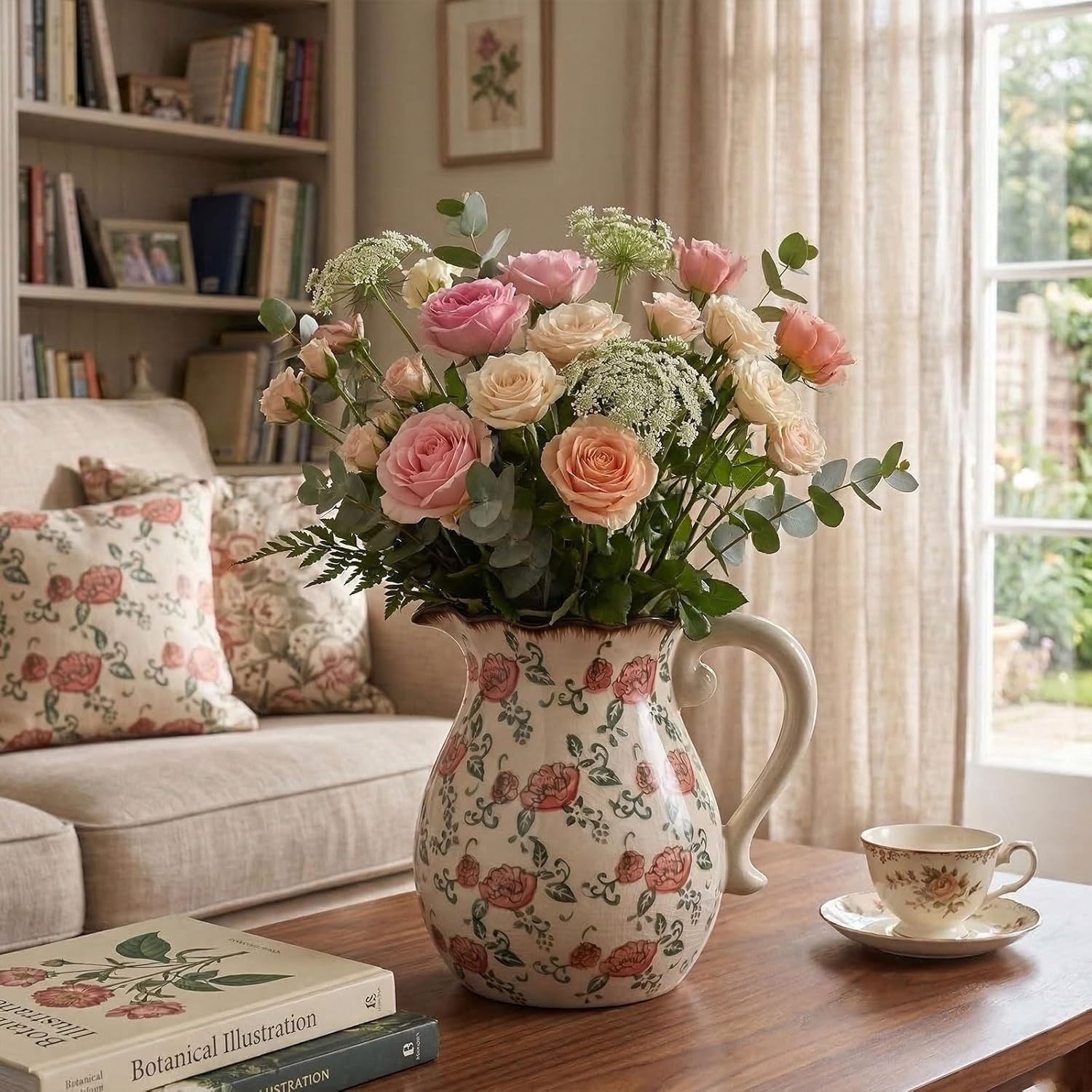 Stylish Vintage Ceramic Vase,8.3 Inch Hand-Painted Roses with Ice Crackle Glaze Finish,American Farmhouse Style Pitcher Vase for Home Décor Kitchen Island,Centerpiece,Shelf,Table,Office,Beige