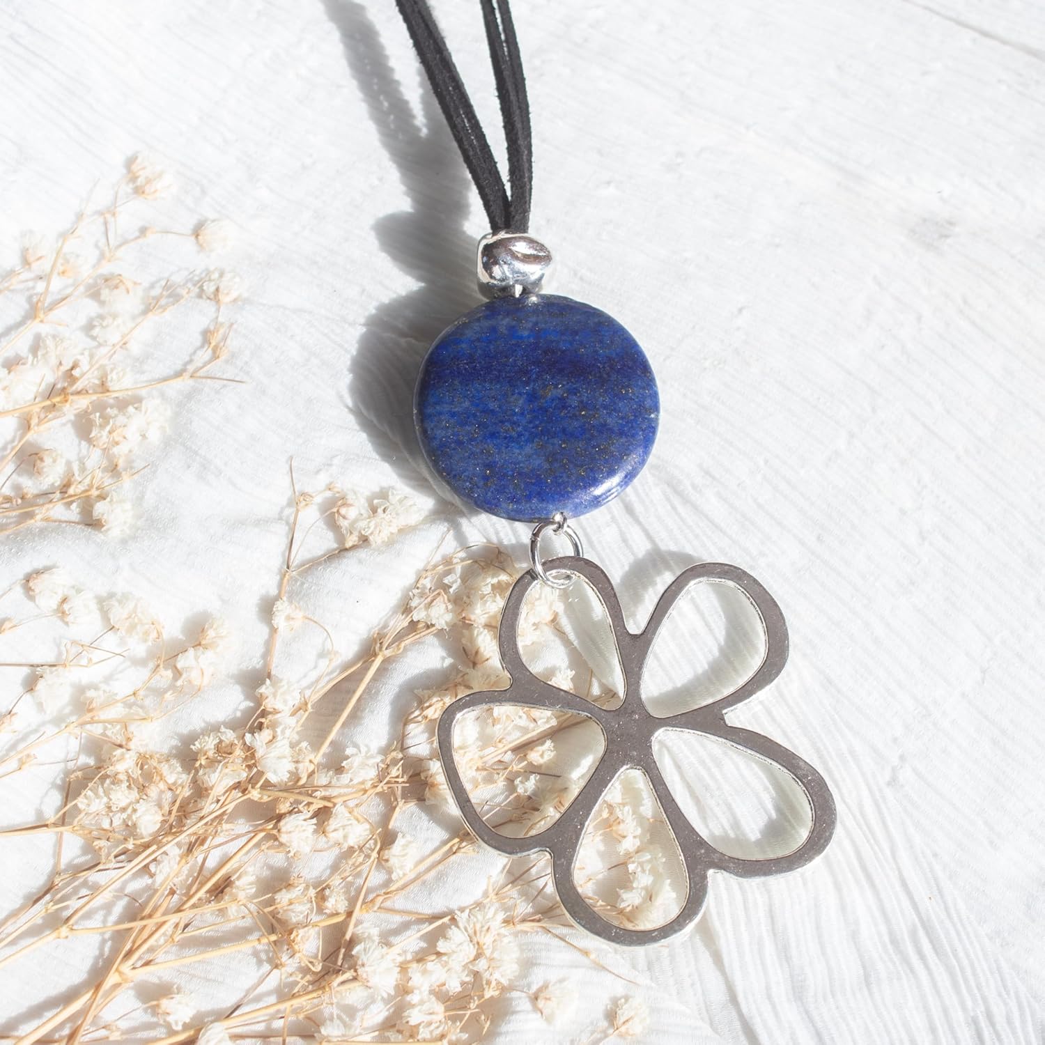 -Women's Natural Stone Pendant Lapis Lazuli – Women's Flower Pendant – Long Necklace with Adjustable Suede Cord – Large Silver-Plated Flower – Boho Style Stone Necklace Protective Amulet - Image 4