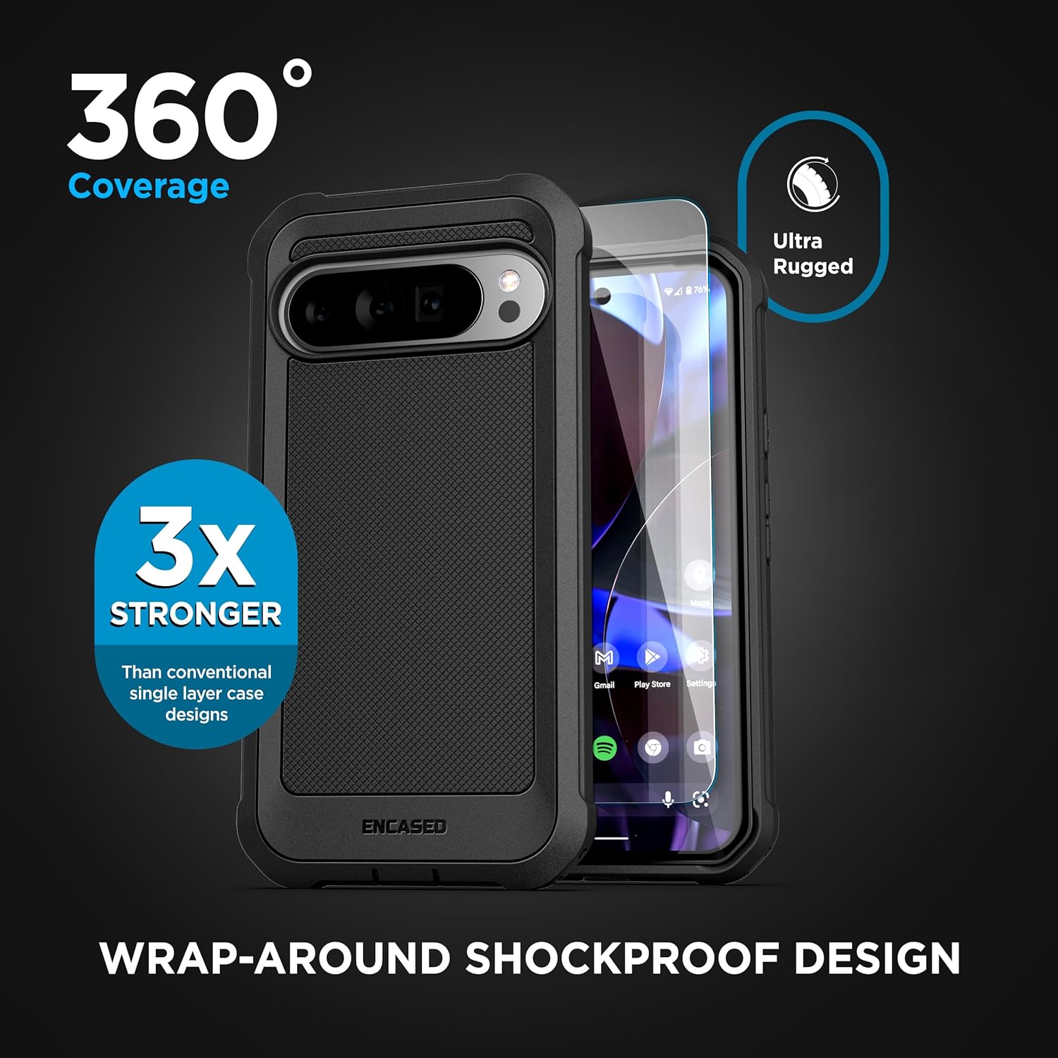 Encased Belt Case for Google Pixel 10/10 Pro (6.3") with Holster Clip (Falcon Shield) Ultra Protective Dual-Layer Cover with Tempered Glass Screen Protector (Black)