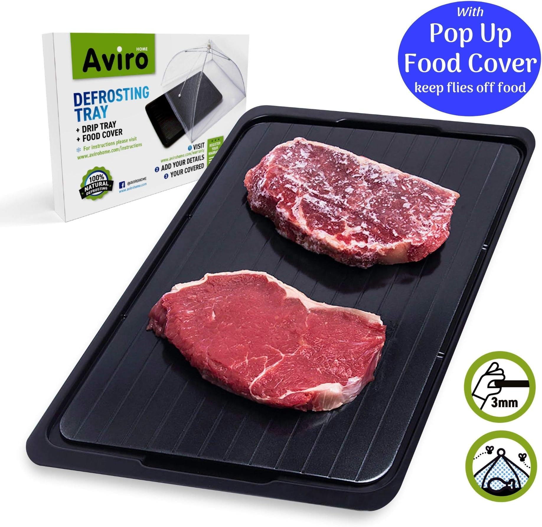 DEFROSTING TRAY with DRIP TRAY and FOOD COVER. Premium 3mm Thick Defrost Tray Rapidly Thaws Frozen Food. Drip Tray prevents kitchen worktop mess. Food Cover keeps Bugs and Flies Away.