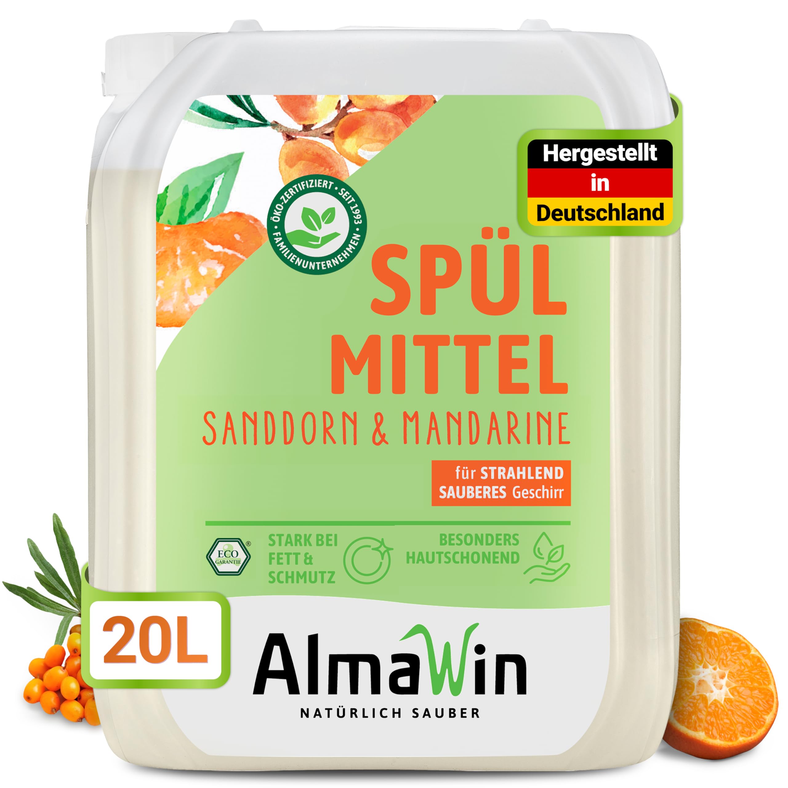 AlmaWin® Spülmittel Öko [20L] mit Sanddorn & Mandarine-Duft - Kraftvolles Geschirrspülmittel flüssig mit hoher Fettlösekraft - Vegan Dish Soap - Ergiebiges Konzentrat im Nachfüllkanister