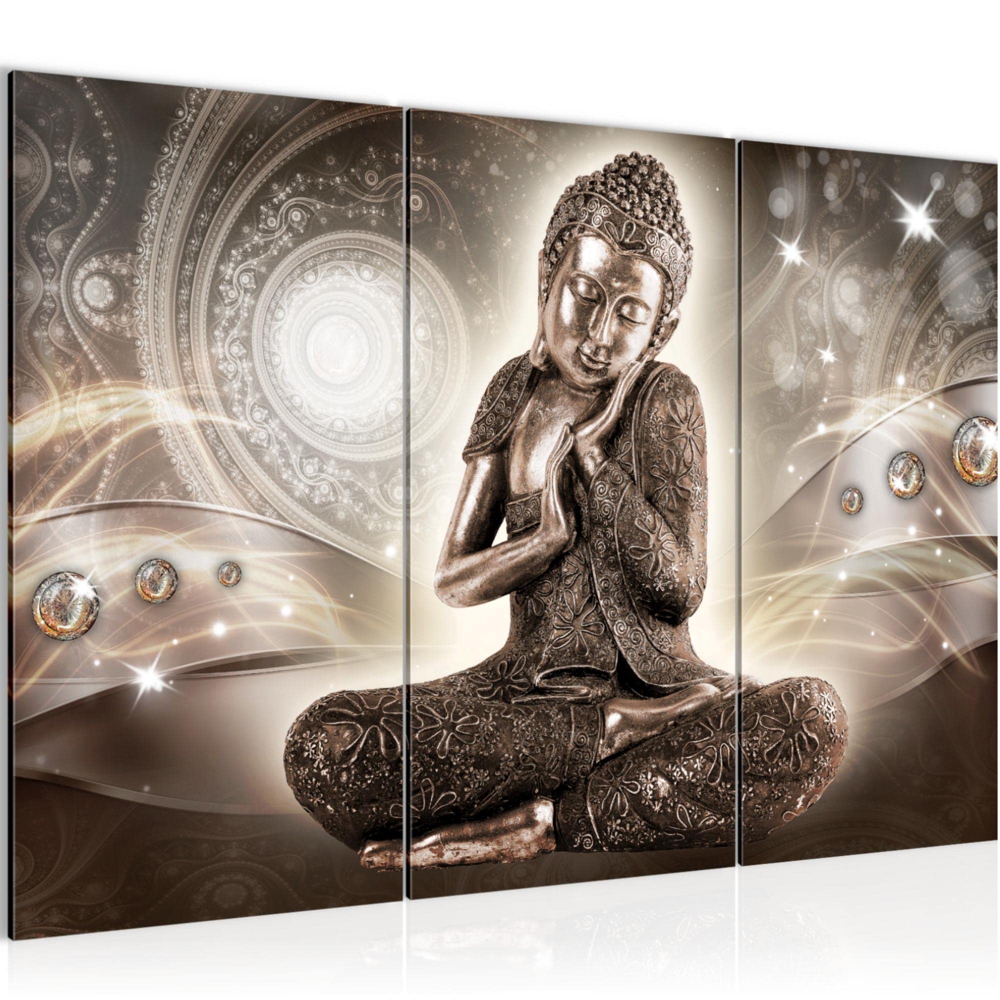 Runa Art Buddha Zen Canvas Wall Art for Living Room XXL Brown Feng Shui 120 x 80 cm 3 Pieces Wall Decoration 041631a