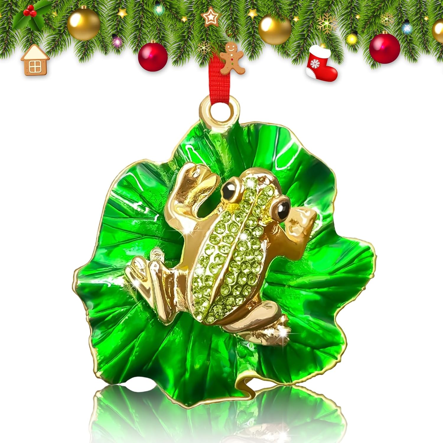 Frog Ornament 2025 - Metal Frog Christmas Ornaments - Green Animal Frog on Leaf Ornaments Funny Frog Ornament Xmas Keepsake Gifts for Frog Lovers Kids Family Christmas Tree Garden Car Decor