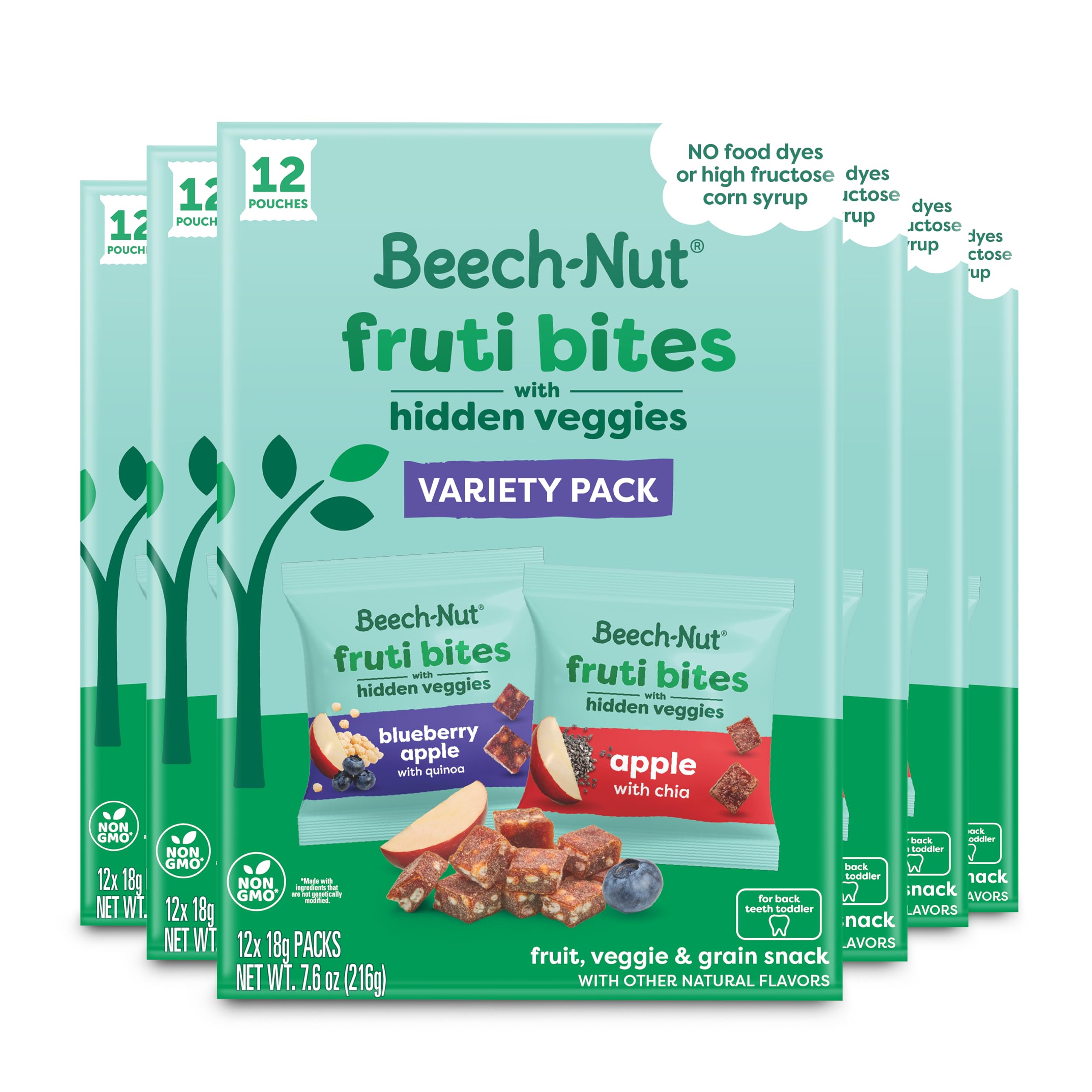 Beech-Nut 유아용 스낵 Fruti Bites 숨겨진 채소 퀴노아 & 치아, 아기 및 유아용 과일 스낵 버라이어티 팩, 6박스 (개별 포장 팩 72개)