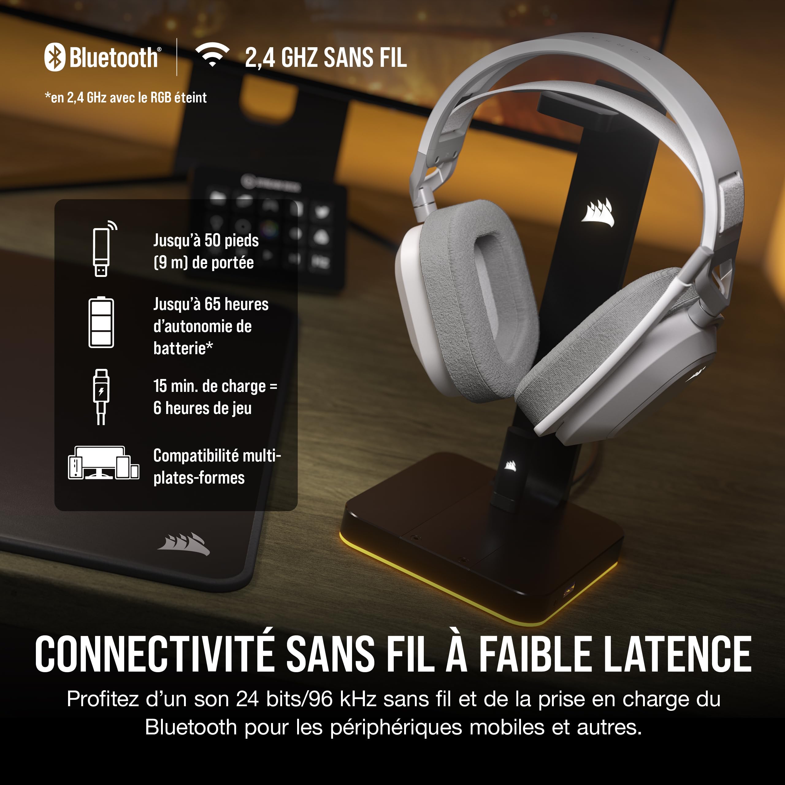 Corsair HS80 Max Wireless Casque de Jeu Multiplateforme avec Bluetooth - Dolby Atmos - Microphone de Qualité Professionnelle - Compatible iCUE - PC, Mac, PS5, PS4, Mobile - Blanc