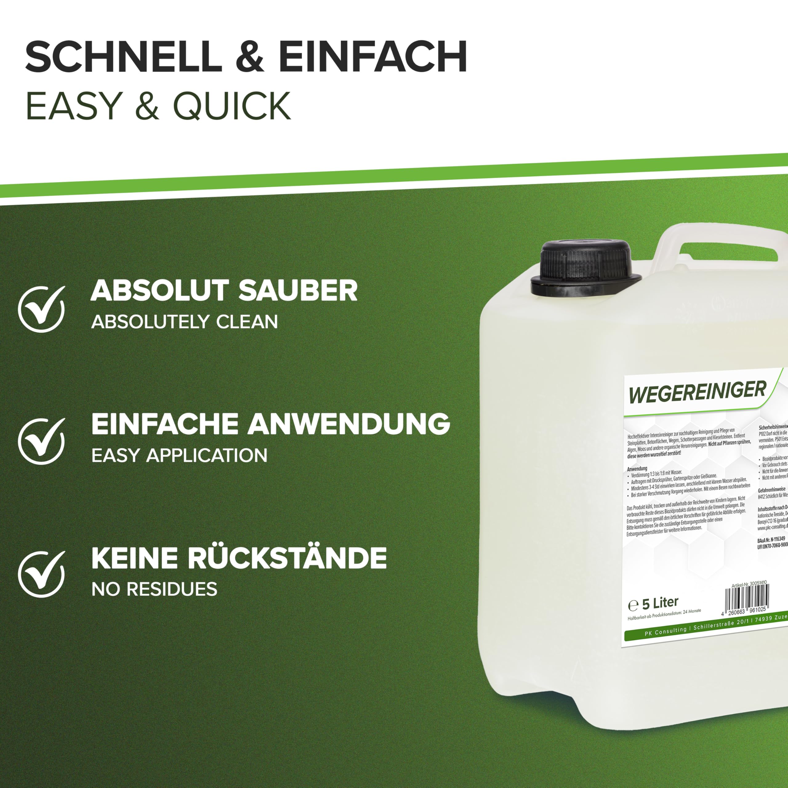 Hocheffektiver Wegerein 1x5 Liter | Steinreiniger Intensiv Aussen entfernt starke Verschmutzungen | Flechtenentferner für Pflastersteine, Terrassenplatten & Beton | Made in Germany
