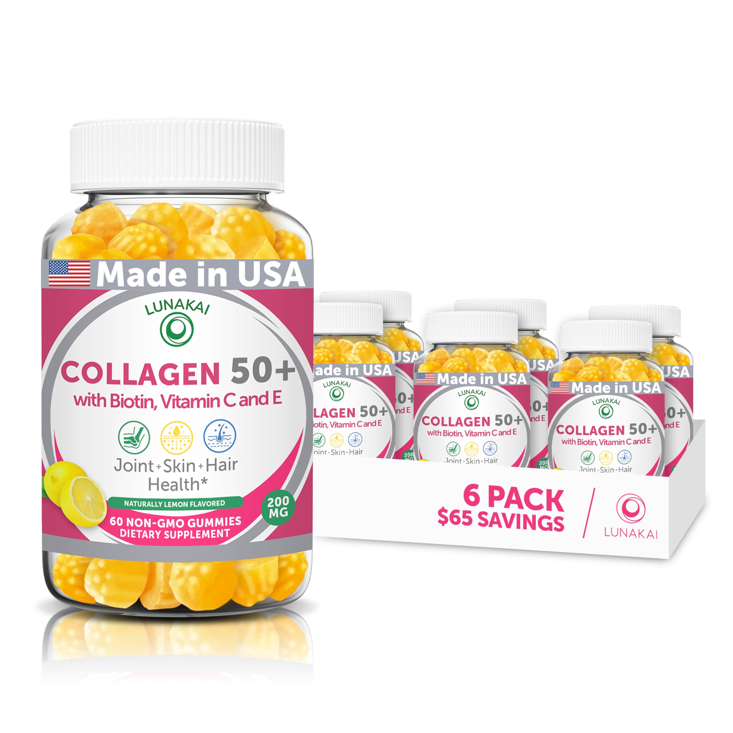 Lunakai USA Made Collagen Gummies for Women & Men Over 50, Non-GMO, 360ct 6 Pack