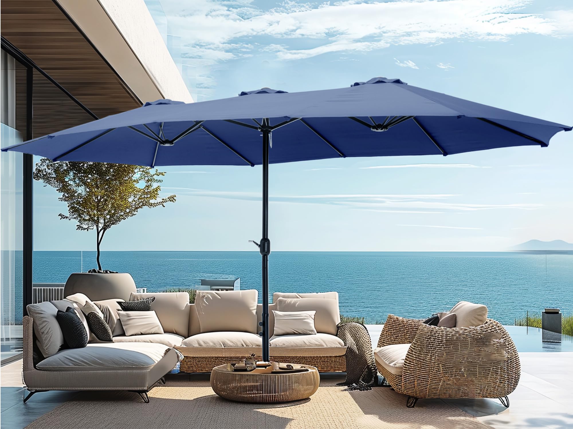 phi villa 15ft large patio umbrellas with base, outdoor double-sided rectangle market umbrella for pool lawn garden, haze blue