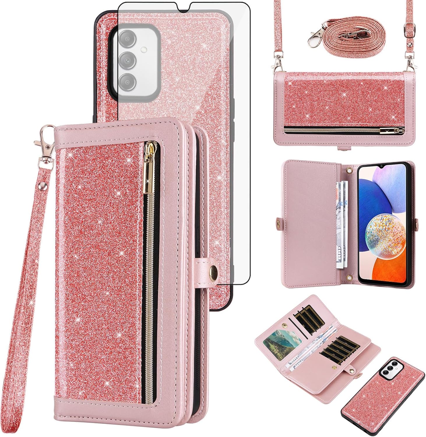 Asuwish Phone Case for Samsung Galaxy A14/M14 5G Zipper Wallet Detachable Cell Cover with Tempered Glass Screen Protector Crossbody Strap Bling Glitter Flip Card Holder A 14 4G 14A 14M G5 Women Pink