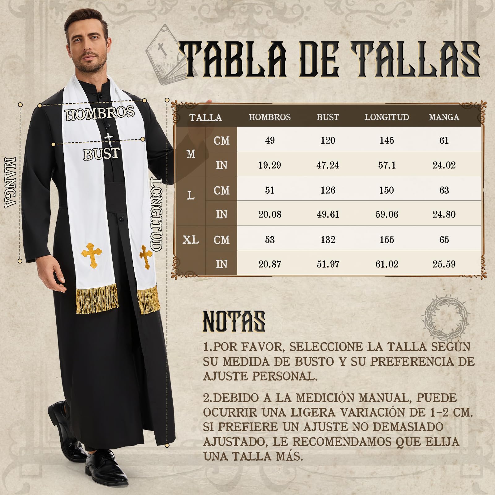 BuzzoXerex Disfraz Cura Hombre, Disfraz Halloween Hombre Adulto, Disfraz de Cura Hombre con Estola, Cadena con Cruz, Cinturón y Caja para Guardar la Biblia para Halloween Carnaval Cosplay