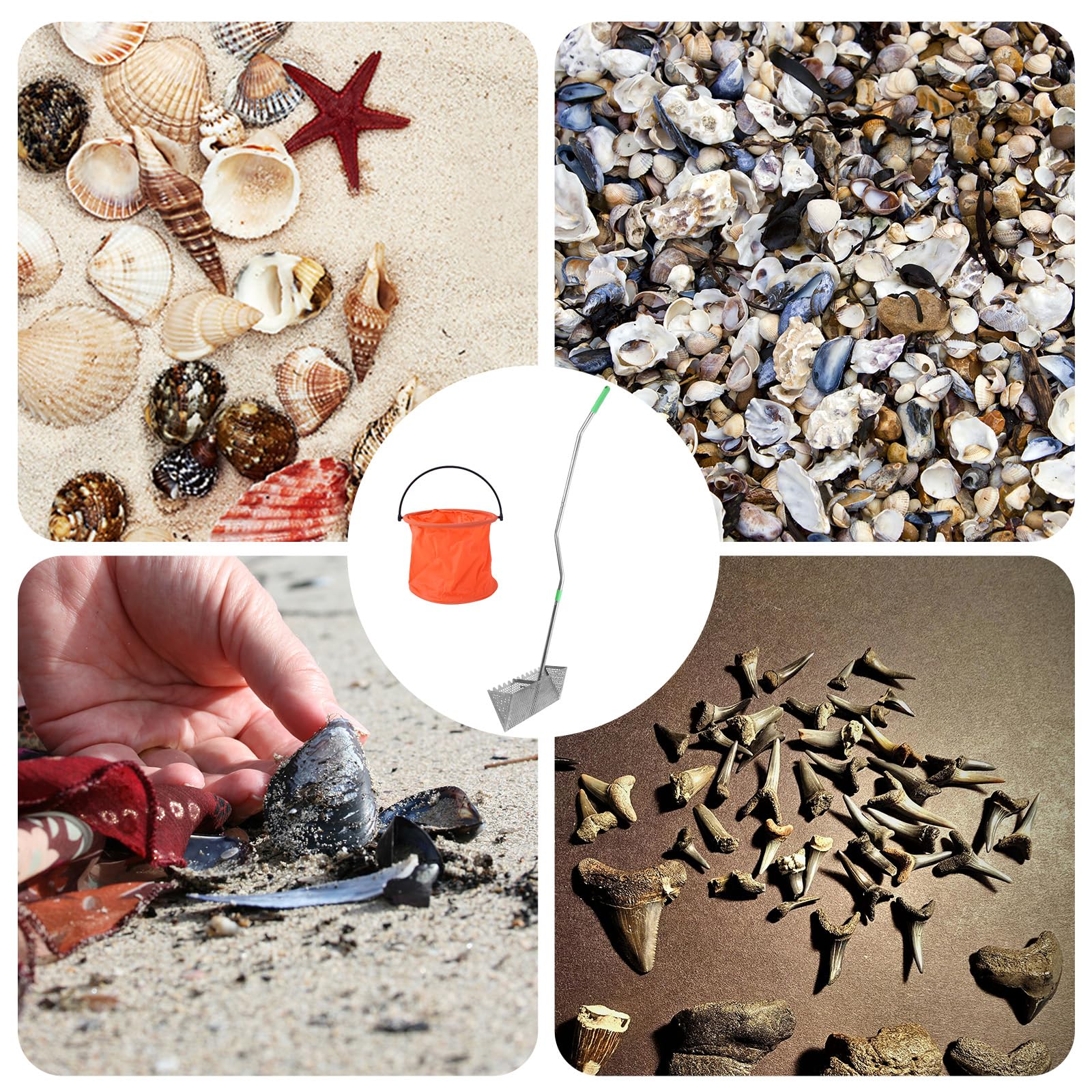 BOXOB Rastrillo y Cubo de Arena de Playa, Acero Inoxidable Desmontable Dientes Afilados Cesta Ancha Rastrillo Playa Tamiz Arena Pala Herramientas Prácticas para Encontrar