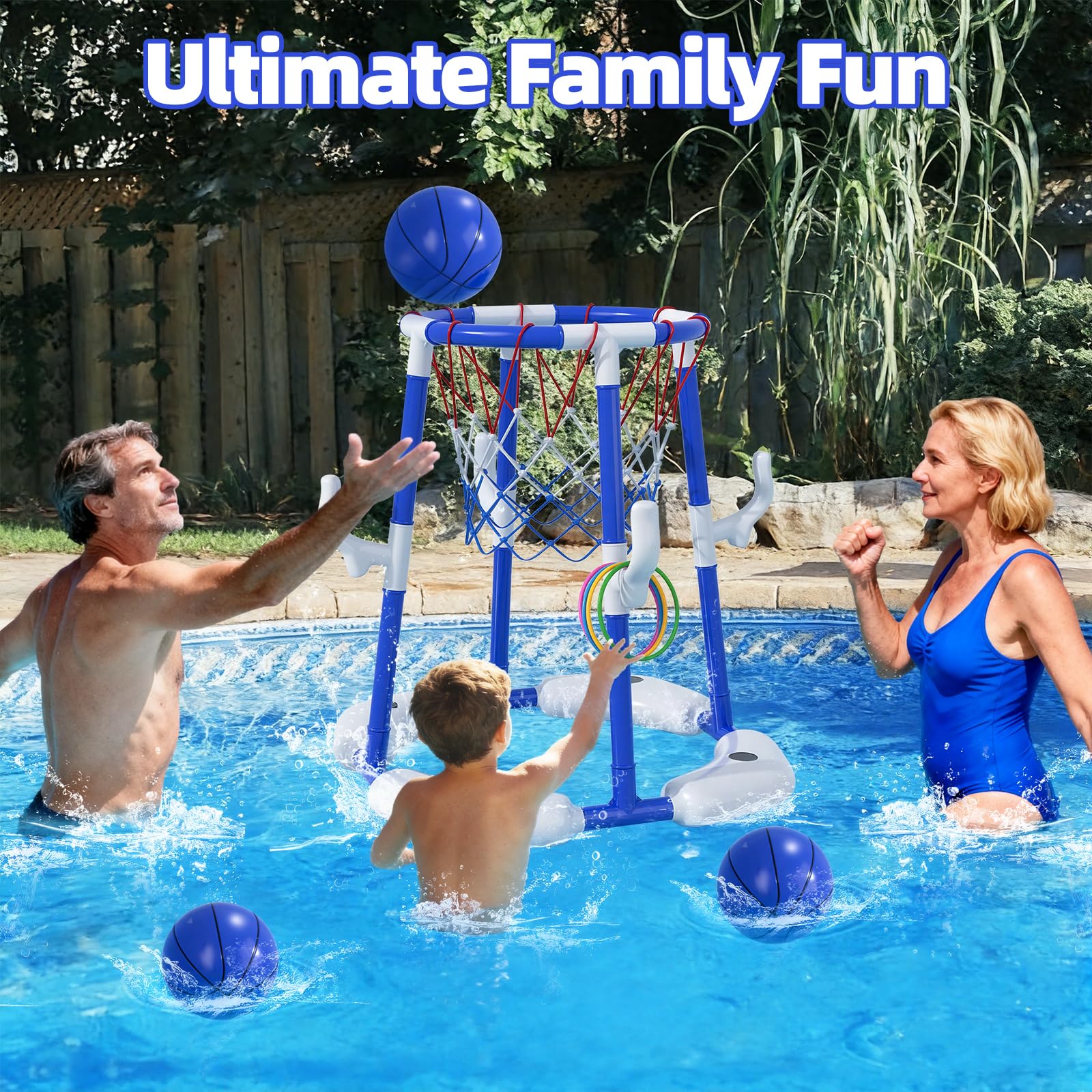 Pool Basketballkorb für Kinder 4-12 Jahre – 2-in-1 Schwimmendes & Oberirdisches Wasserspiel mit 4 Bällen, Pumpe