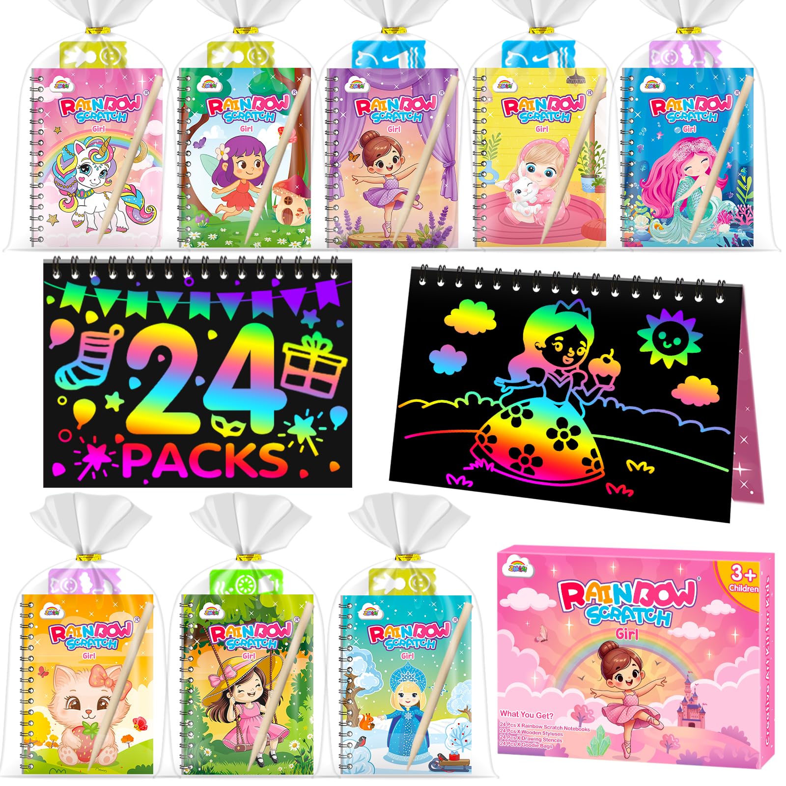 ZMLM Party Bag Fillers for Kids - Scratch Art Party Bag Fillers for Kids Arts and Crafts Kits for Ages 4-9 Rainbow Scratch Books Classroom Birthday Gifts for Girls & Boys (Girl 24 Pack)