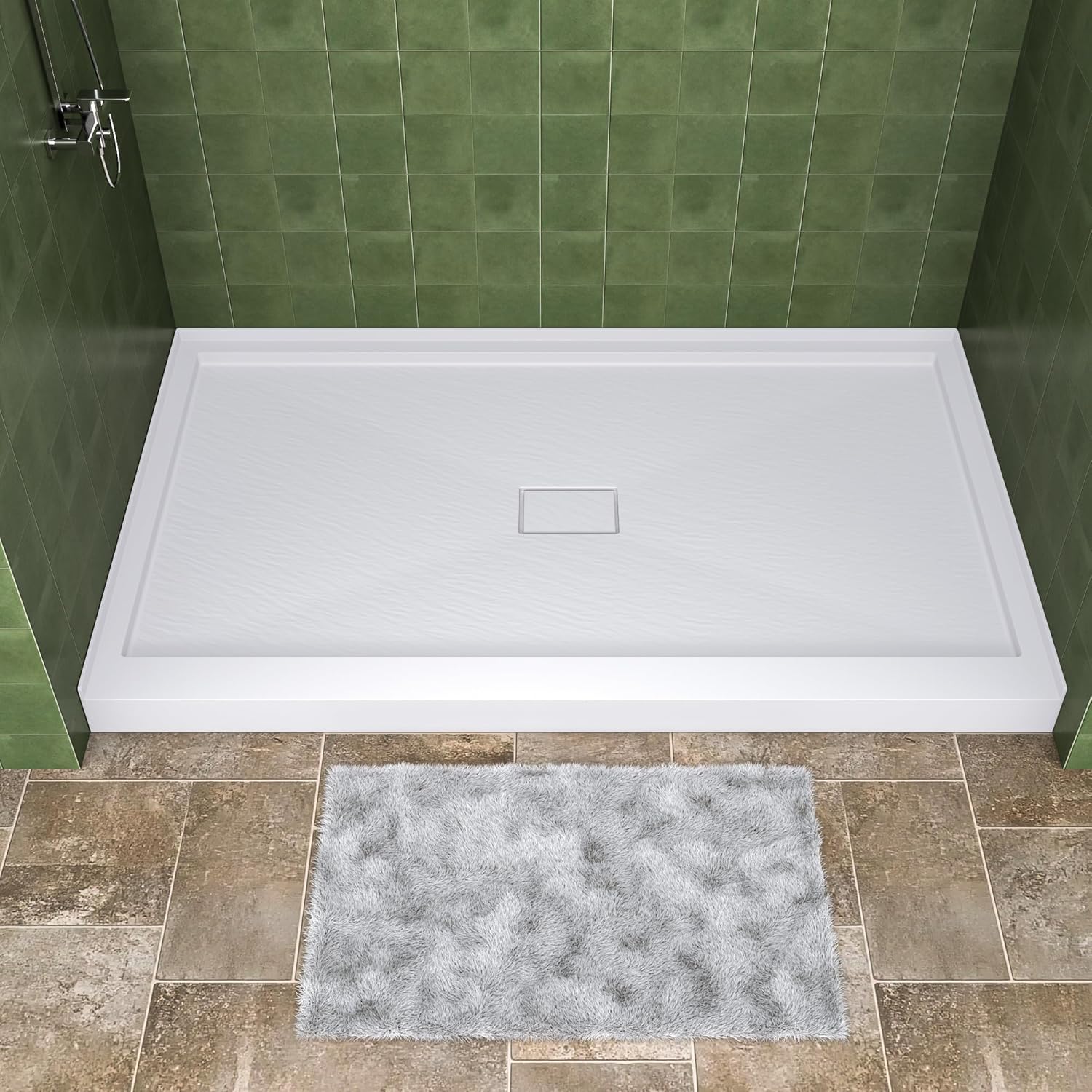 60" x 36" Solid Surface Shower Base,Single Threshold with Center Drain in White,Slip-Resistant Shower Pan for Alcove Installation