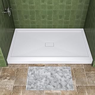 60" x 36" Solid Surface Shower Base,Single Threshold with Center Drain in White,Slip-Resistant Shower Pan for Alcove Installation