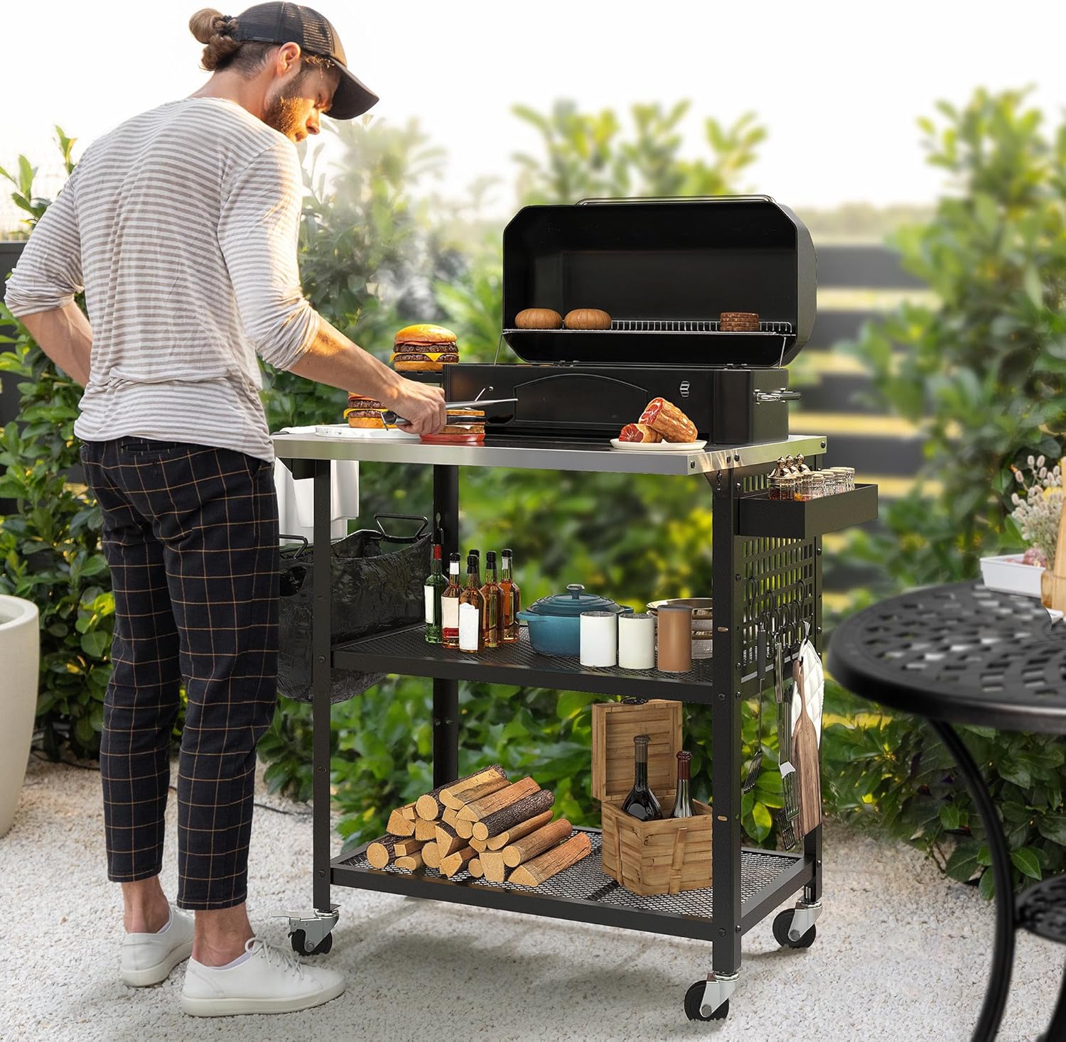 DWVO Outdoor Grill Cart Pizza Oven Table with Stainless Steel Tabletop, 31.5'' L x 27.6'' W Grill Table Movable with Storage 3-Tier Adjustable Shelf, Drop Leaf and Spice Rack for Patio, BBQ