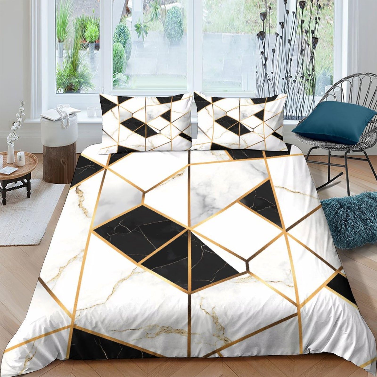Ctjqhvkz Style-9 3D Printed Geometric Marble Fitted Sheet Microfiber Soft Black Gold Pattern Mattress Cover For Bedroom Guest Room Decor Single（135X200cm）