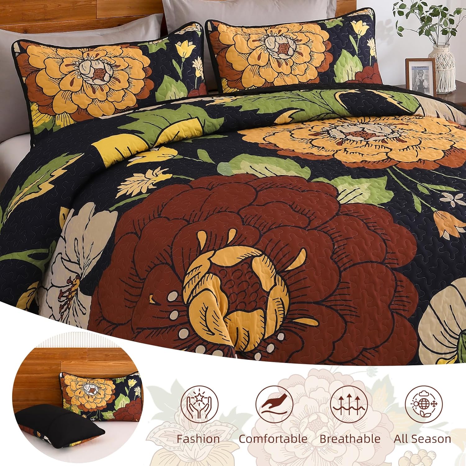 DJY Floral Quilt Set Queen Size Black Boho Bedspread Coverlet Set 3 Pieces, Botanical Quilt Lightweight Microfiber Farmhouse Floral Bohemian Bedding Set with 2 Pillow Shams for All Season (96''x90'') - Image 7