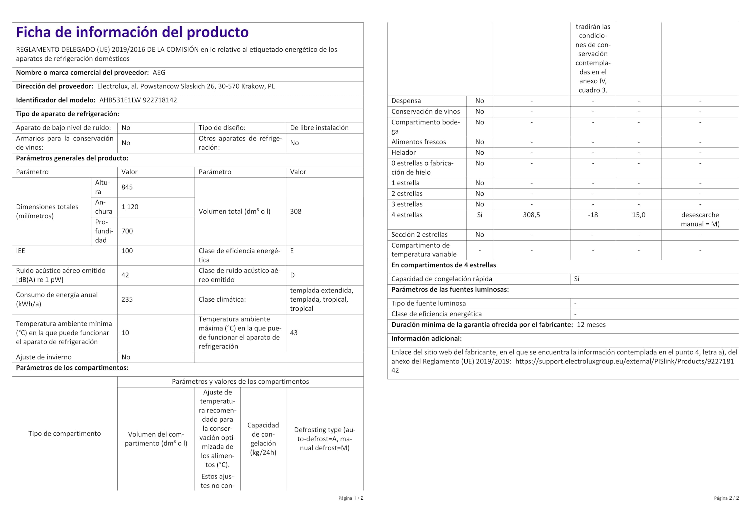AEG AHB531E1LW Arcón congelador de 1,12 m ancho, Capacidad 308 Litros, 3 cestos, Low Frost, Compresor Inverter, Congelación Rápida, Display LCD, Luces LED interior, Blanco