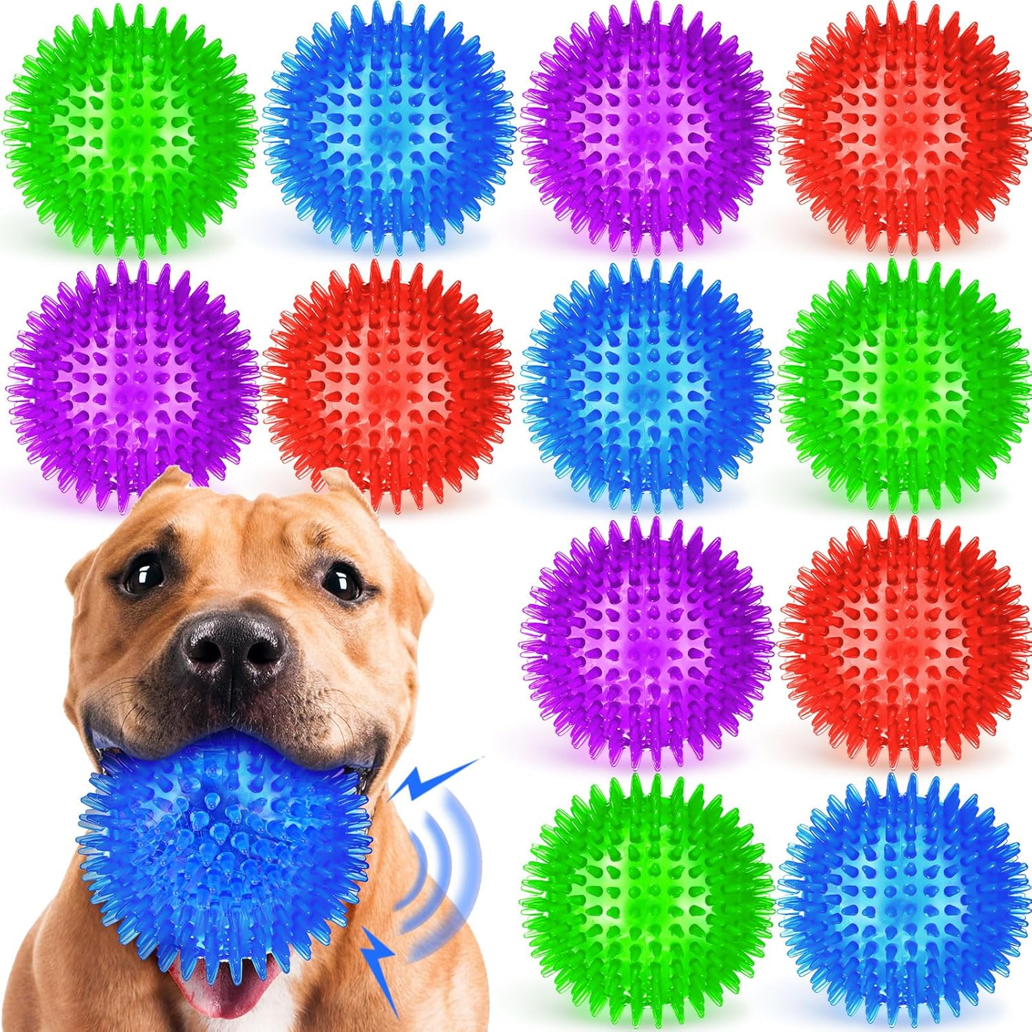 12 Pack 4.5” Heavy Duty Squeaky Dog Balls for Medium Large Dogs Large Spiky Ball Toys for Aggressive Chewers Pet Training Clean Teeth Outdoor, 4 Colors