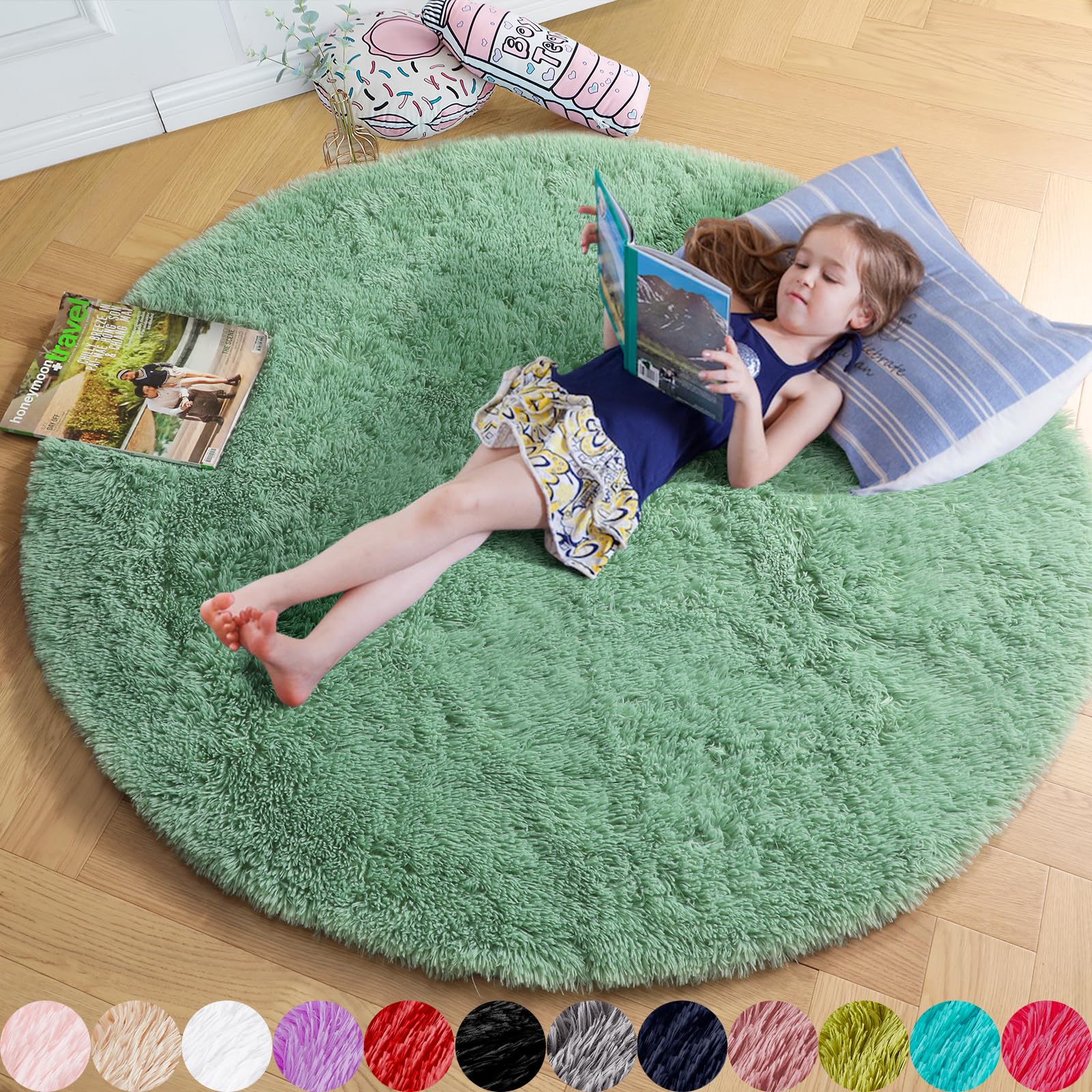 Amdrebio Sage Green Round Rug 6Ft for Living Room Bedroom, Fluffy Furry Circle Rugs for Nursery, Classroom, Baby Kids Room Decor, Cute Shaggy Area Rug