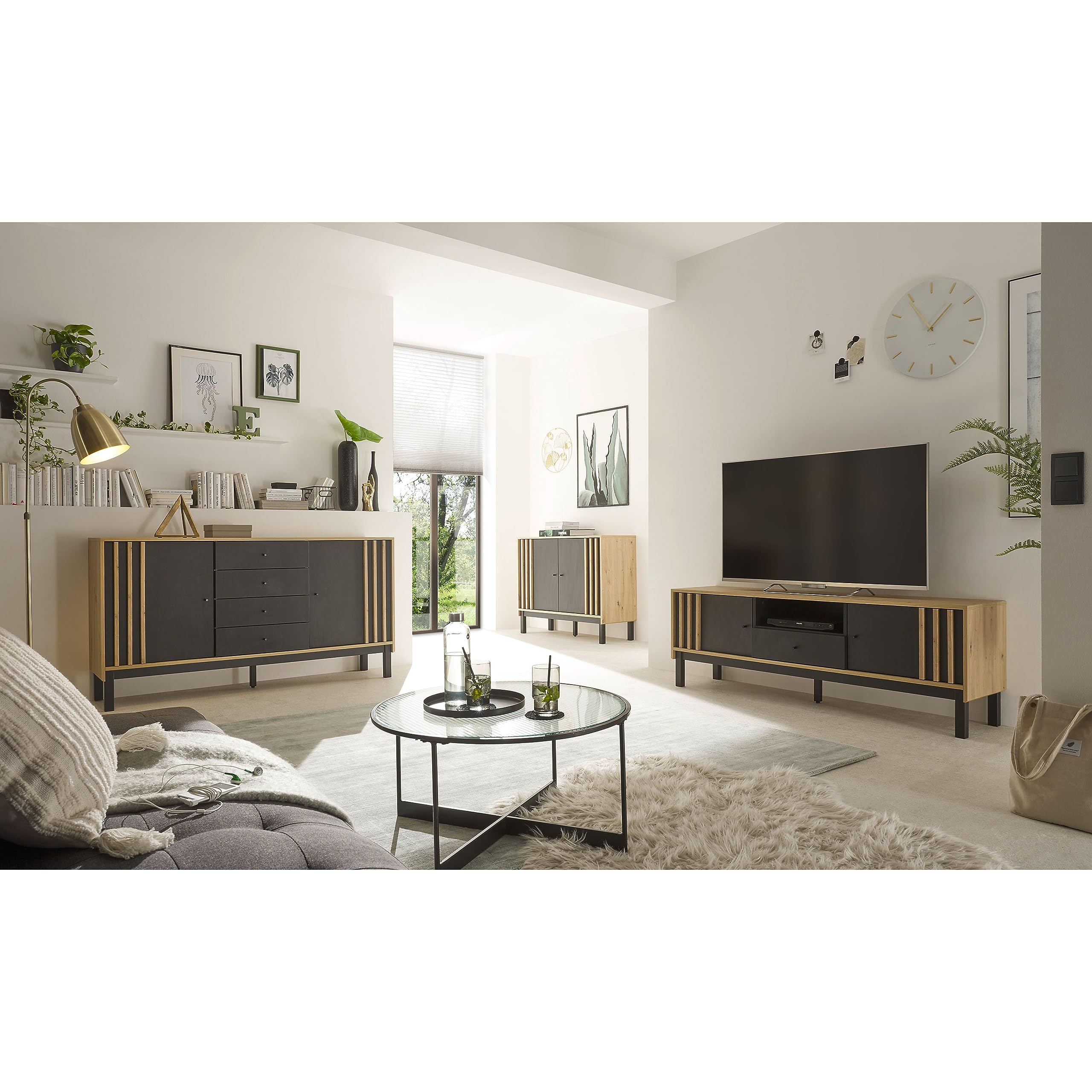 VOLANO TV-Lowboard in Artisan Eiche Optik, Schwarz - Moderner TV Schrank mit Schublade und viel Stauraum für Ihr Wohnzimmer - 156 x 54 x 39 cm (B/H/T)