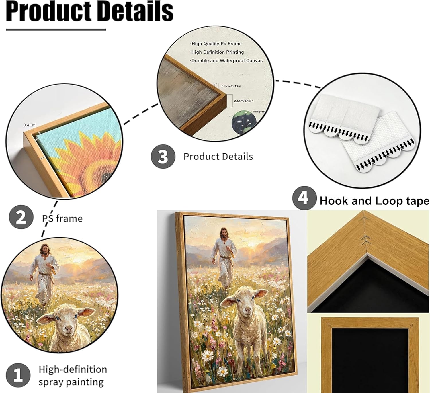 Framed Jesus and Lamb Canvas Wall Art Jesus Running After Lost Lamb Painting Picture Wall Decor Bible Stories Christian Wildflowers Poster Print Artwork for Bedroom Prayer Room Church Home Decoration