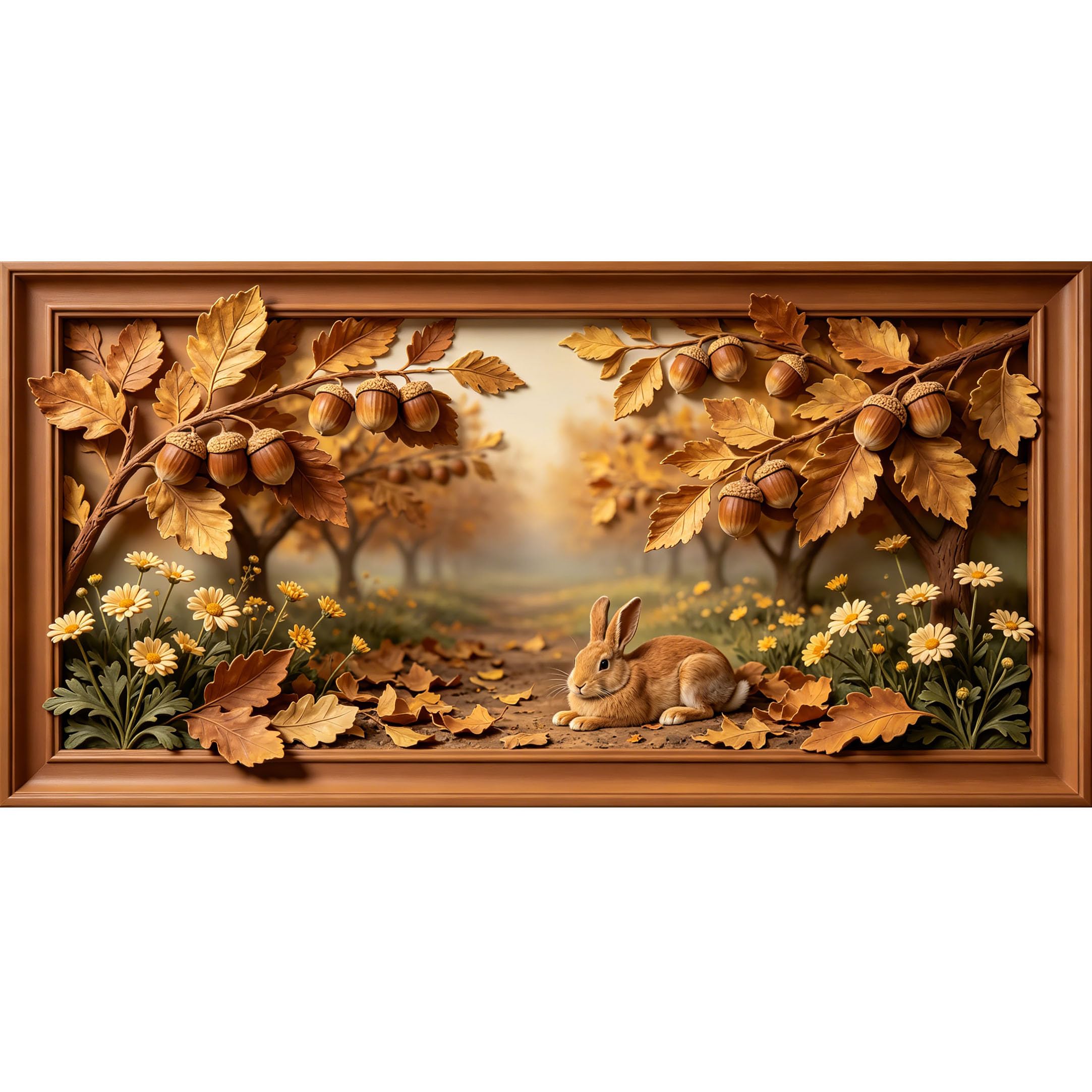 Agglomerix 3D Framed Wall Art Autumn Forest Bunny Acorn Daisy Botanical Textured Relief Effect Large Size Self-Adhesive Removable Wall Decor Prints Artwork for Living Room Bedroom Office