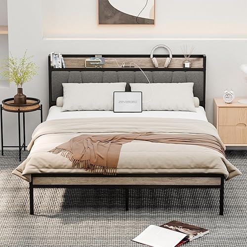Base de cama tamaño Queen con 8 cajones de almacenamiento, cama de plataforma Queen resistente con cabecera y estribo de madera, diseño sin ruido,