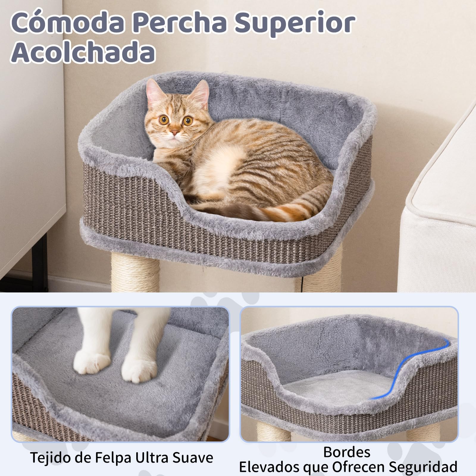 COSTWAY Árbol Rascador Pequeño para Gatos, 38 x 38 x 51 cm, Torre Rascador para Gatos con Plataforma Alfombrado de Felpa y Poste de Rascado de Sisal Natural, Cama para Gato, Relajarse y Dormir (Gris)