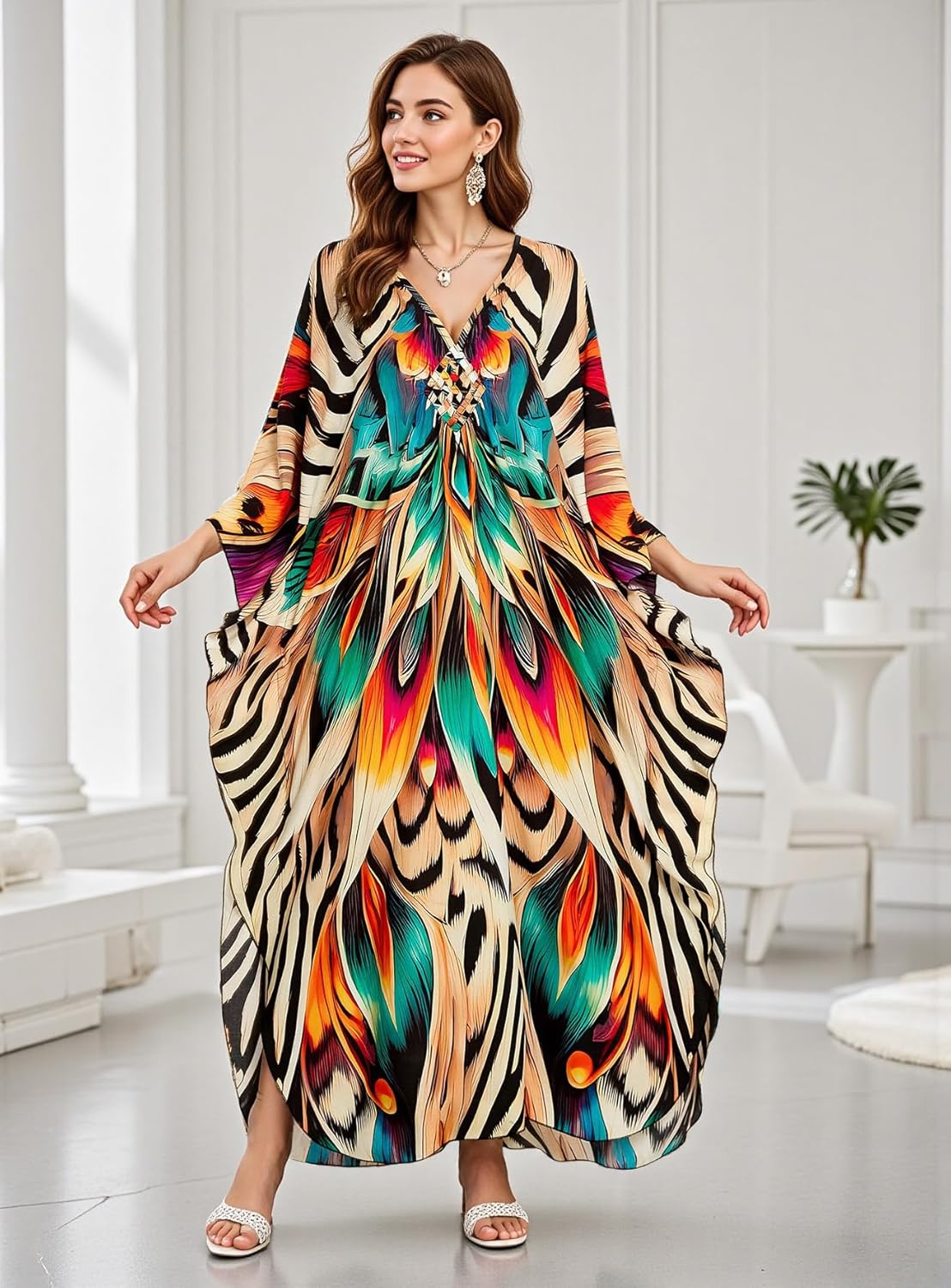 Women's Plus Size Kaftan Dress - Batwing Sleeve Long Beach Cover Up Maxi Dress Swimsuit Cover Loungewear - Image 5