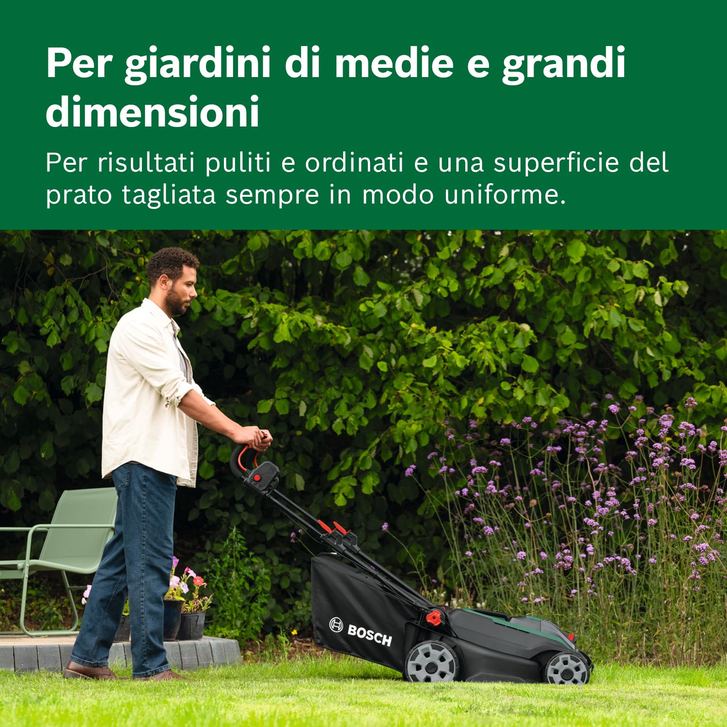 Bosch Rasaerba a batteria ROTAK18V2-43 (larghezza di taglio: 43 cm, altezza di taglio: 30-75 mm, sacco raccoglierba in tessuto da 50 l, tappo per pacciame, inclusi 2 batterie da 18 V e caricabatteria)