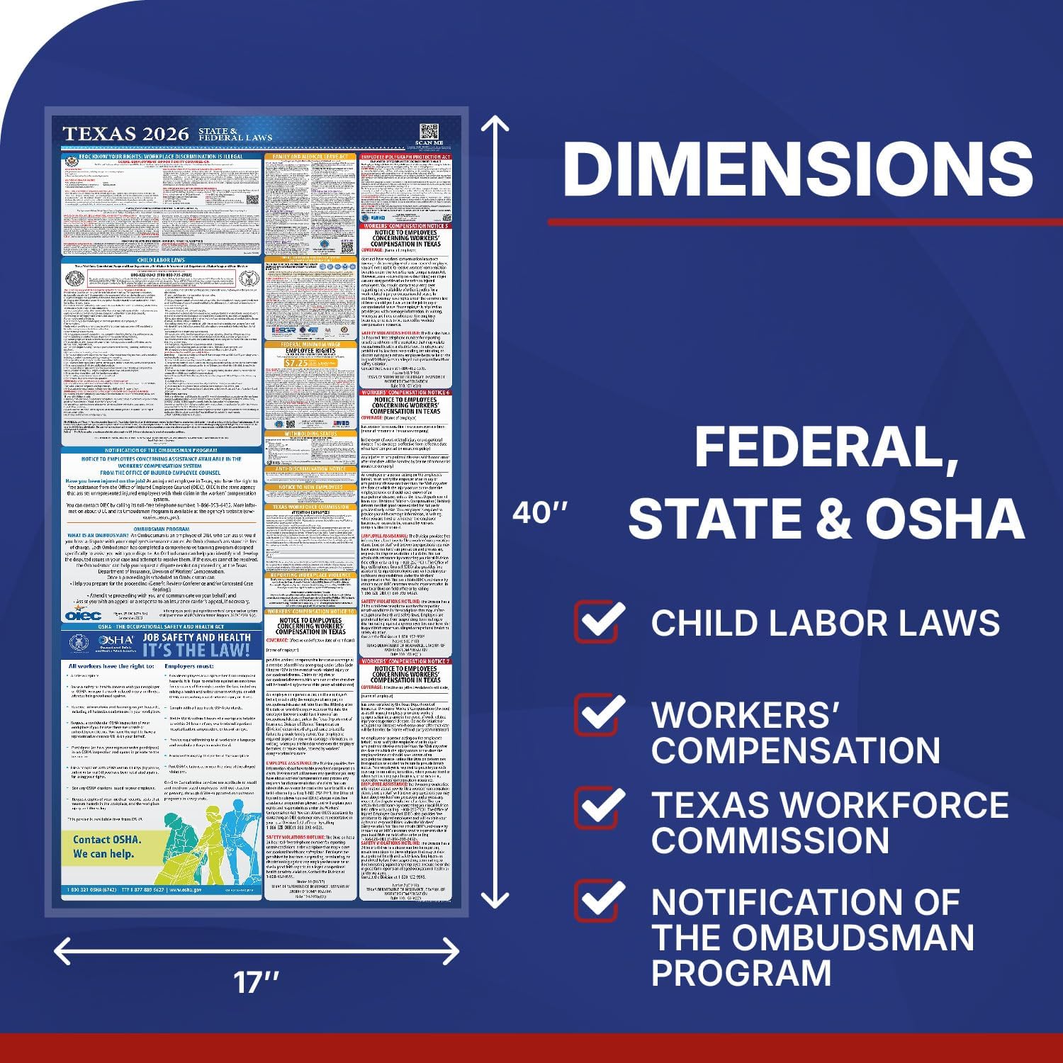 2026 Texas State and Federal Labor Law Poster - OSHA Workplace Compliant - Mandatory Regulations Posting for Employees - All-in-One Required Compliance Posting 17" x 40" - Laminated (Heavy-Duty English)