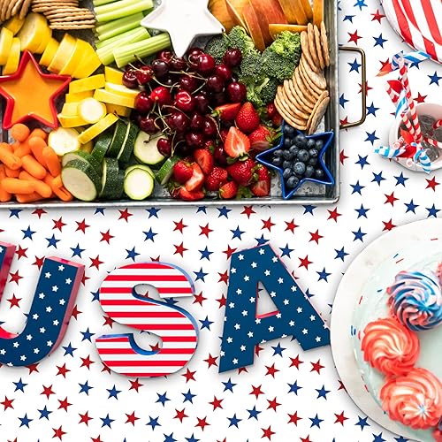 Miniatura 7 de Whaline Paquete de 3 manteles de plástico patrióticos rectangulares desechables con estrellas para el Día de la Independencia, Día de los Caídos,