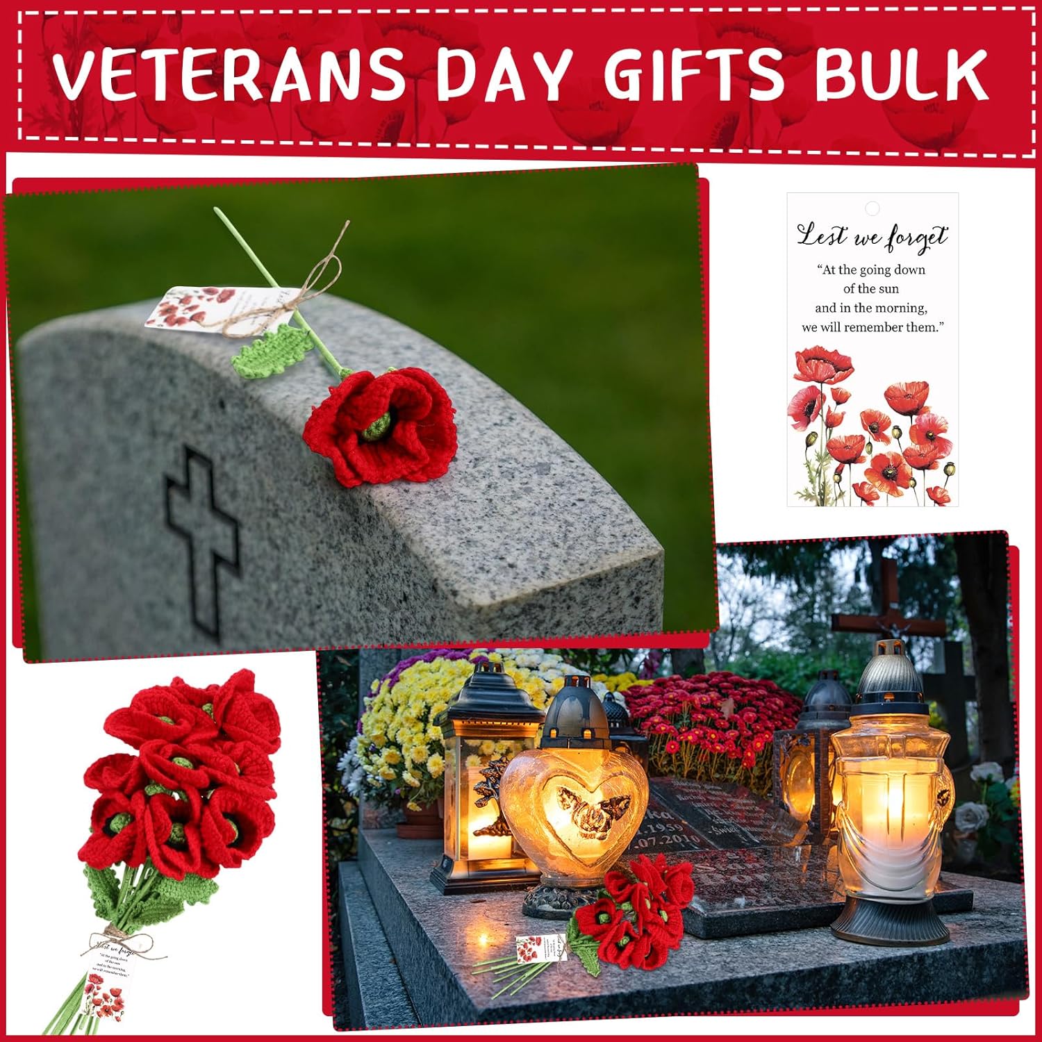 Tatuo 12 Set Poppy Crochet Flowers with Memorial Gifts Cards Remembrance Memorial Day Lest We Forget Poppy Sympathy Gifts for Veterans Independence Day