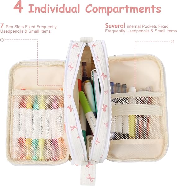 BuyCard Pink Bow Corduroy Pencil Case Large Capacity,Large Aesthetic Pen Pouch for Office School, Minimalist Pen Case for Teens Students