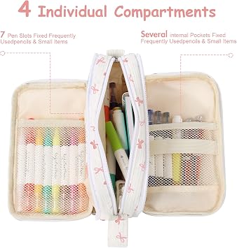 BuyCard Pink Bow Corduroy Pencil Case Large Capacity,Large Aesthetic Pen Pouch for Office School, Minimalist Pen Case for Teens Students