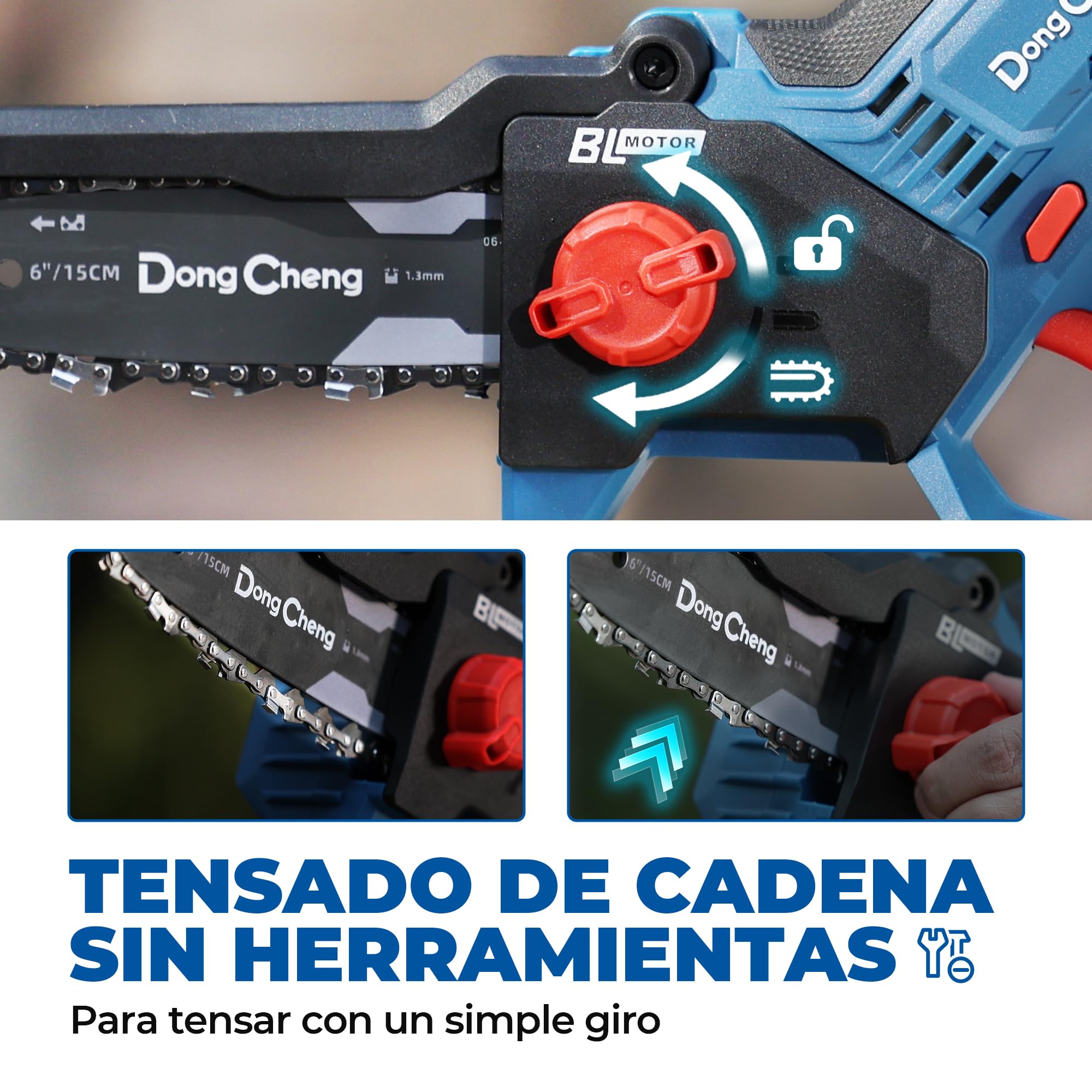 DongCheng Mini motosierra para jardineros y campistas. motor 750W sin escobillas, 2×2000 mAh, 1,2 kg, manejo a una mano, 15 cm, 8 m/s, tensión sin herramientas y engrase auto