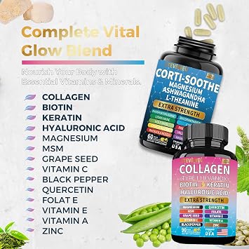 Shining Serenity Set, Cortisol Support with Ashwagandha, L-Theanine, Magnesium, Lions Mane, GABA, Bacopa Monnieri, Collagen Biotin, Keratin, Hyaluronic Acid, Quercetin